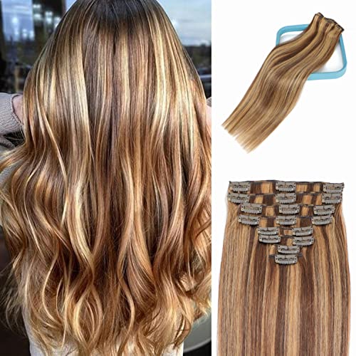 LORIEN Clip in Hair Extensions 100% Brazilian Remy Human Hair - 8pcs Set with 18 Clips (16 Inch, 90g, Medium Blonde #4p/27) for Volume & Length - Perfect for Parties, Weddings & Daily Styling