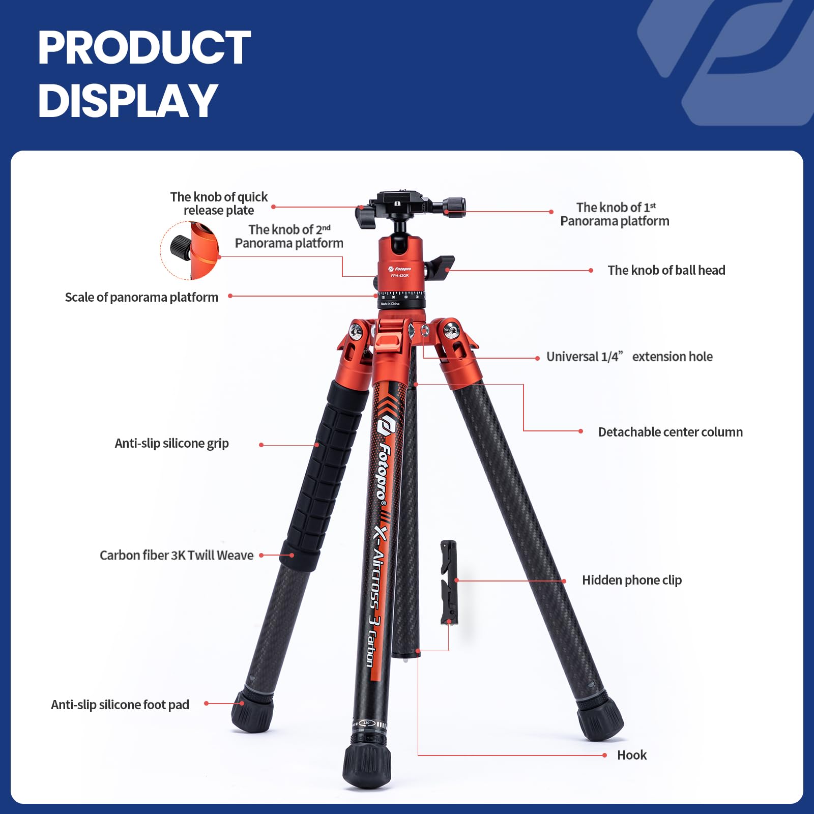 Fotopro X-Aircross3 60-Inch Carbon Fiber Travel Tripod with 360° Ball Head - Ultra Lightweight 2.07lbs, Extendable & Stable DSLR Tripod Supports 22lbs - Perfect for Travel Photography, Hiking, Vlogging & Outdoor Adventures (Orange)