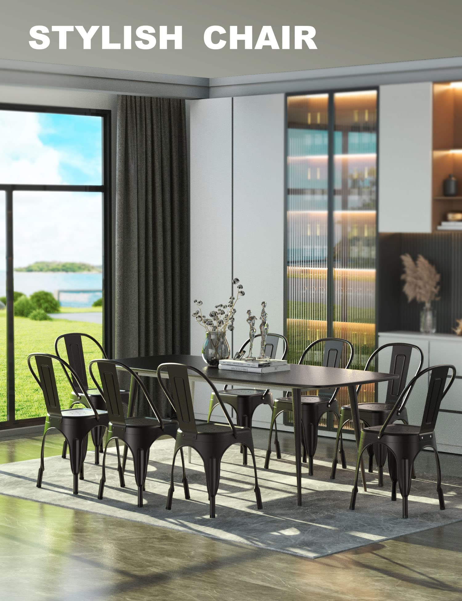 Nazhura Metal Dining Chair Set of 4 - 18 Inch Stackable Farmhouse Tolix Style Chairs for Kitchen, Dining Room, Café, Restaurant, Bistro & Patio - Waterproof Indoor/Outdoor Use - Perfect for Home, Commercial Spaces & Outdoor Entertaining (Black)