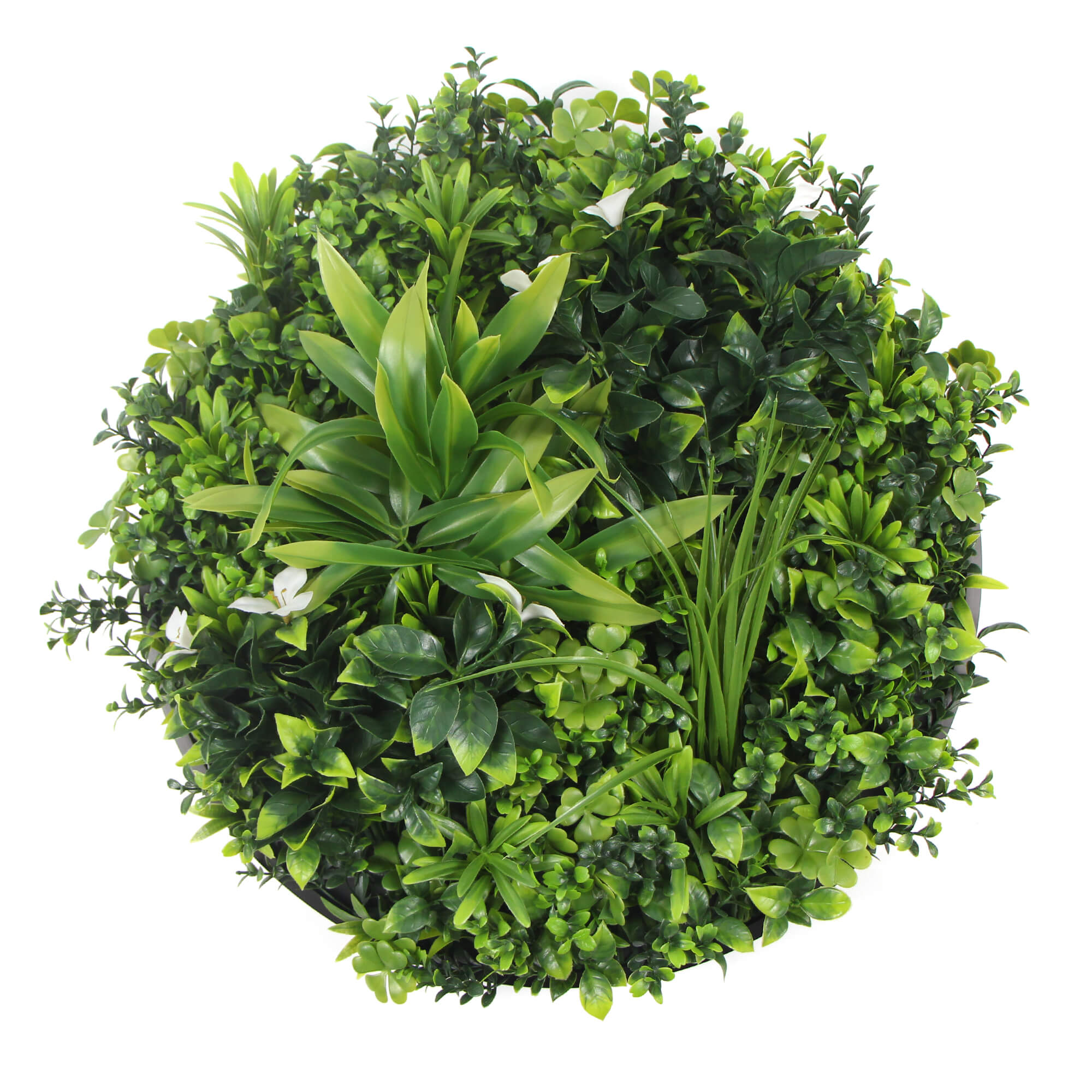 UV Resistant 100cm Artificial Green Wall Panel with White Flowers - Black Frame for Home Decor, Office Partition, and Wedding Backdrop