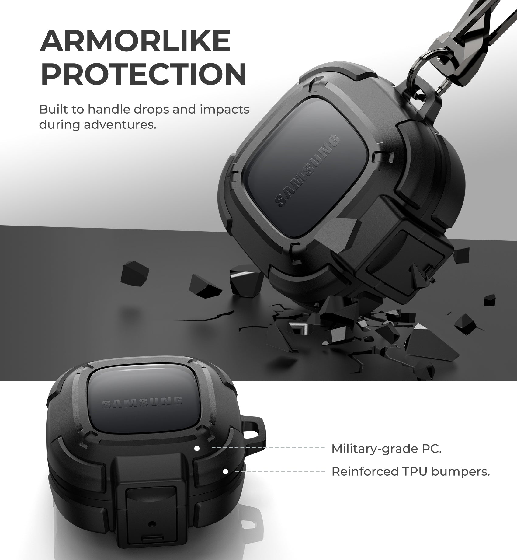 Durable Shockproof Earphone Case for Samsung Galaxy Buds Live/Pro/Buds2/Buds2 Pro/FE (2023) - Secure Lock & Carabiner Clip, Full Body Rugged Protection - Perfect for Travel, Sports, and Outdoor Activities