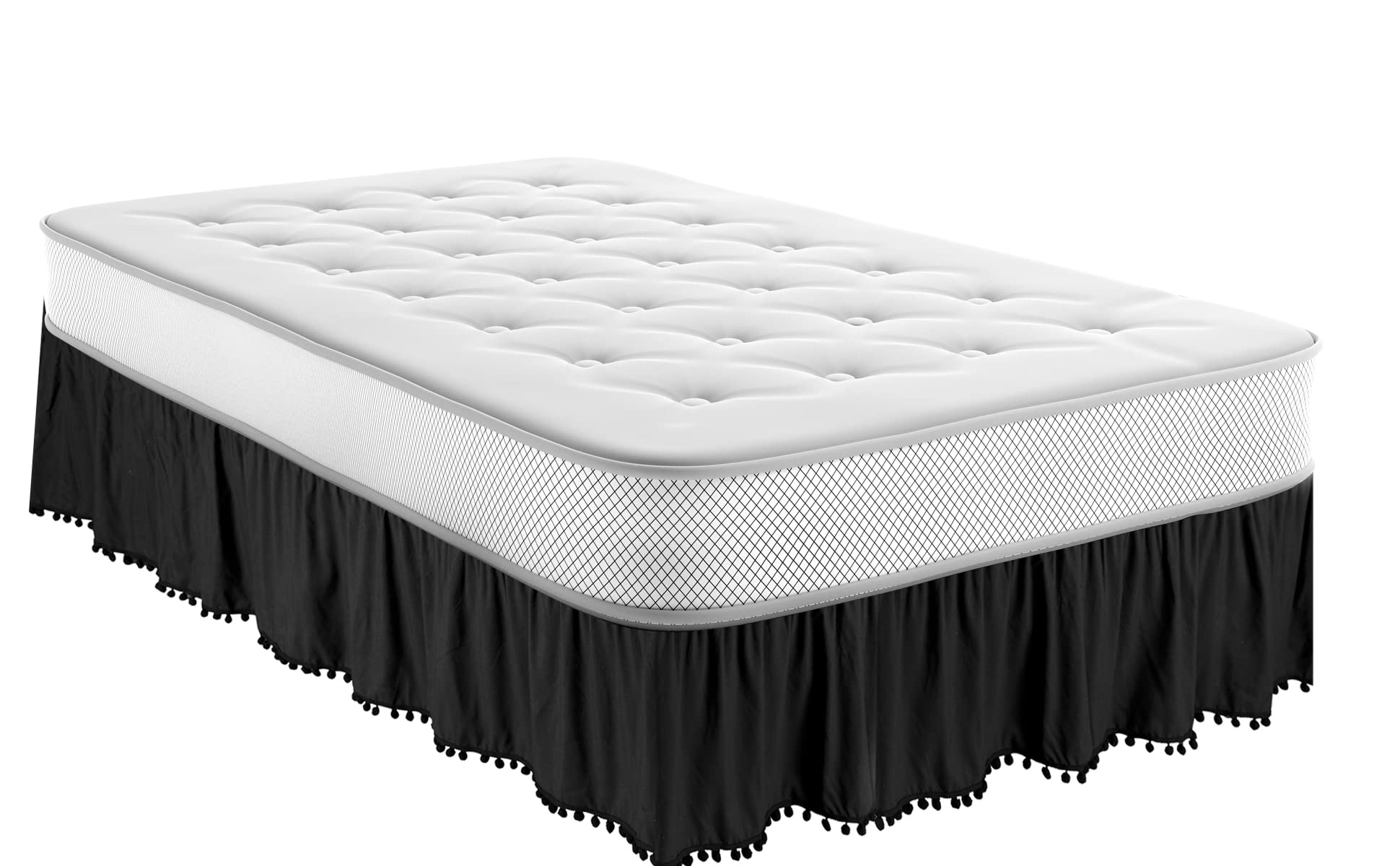 Queen & King Size Black Bed Skirt with Pom-Pom Fringe - 100% Brushed Microfiber Dust Ruffle with 14