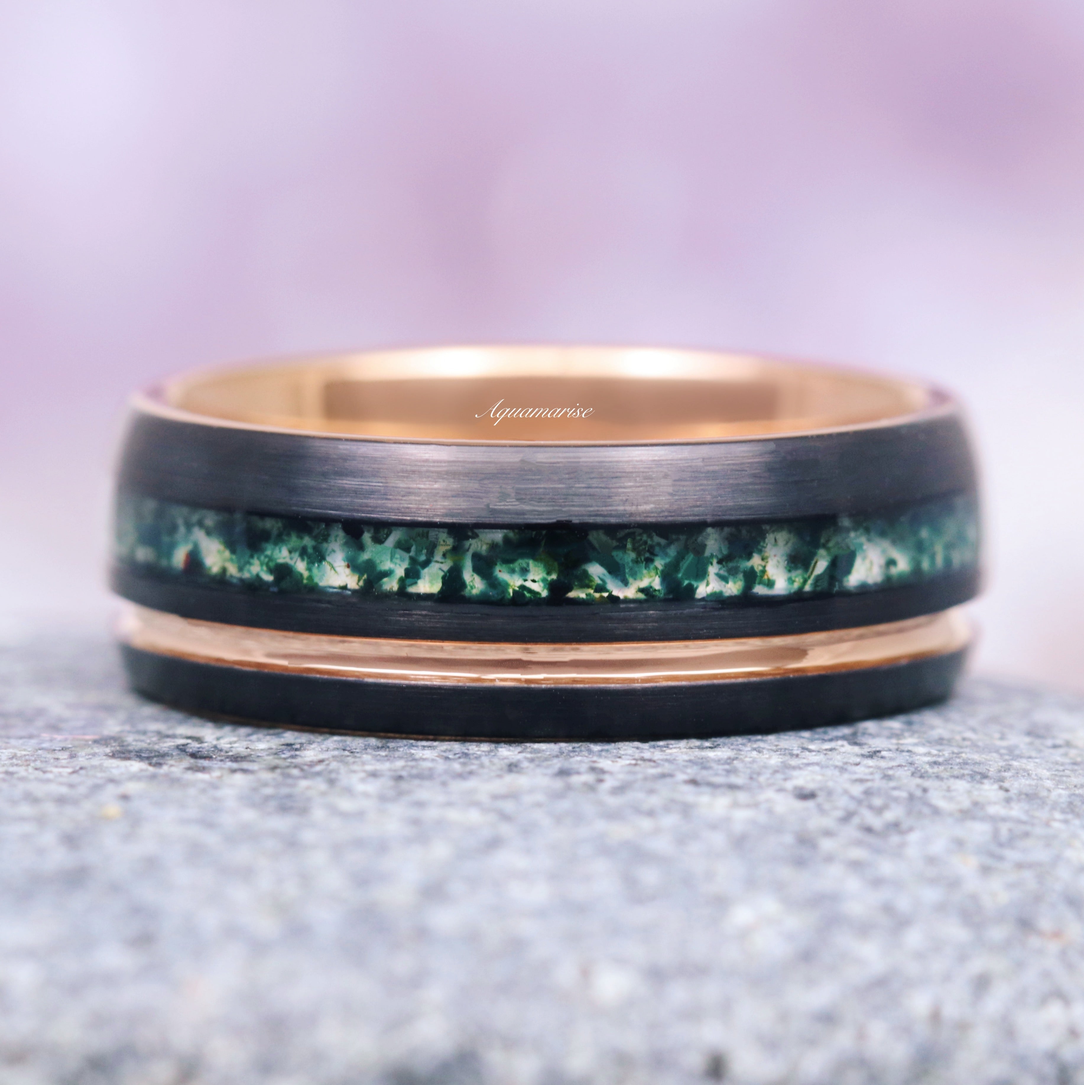 8MM Black & Rose Gold Tungsten Moss Agate Wedding Band for Men & Women - Elegant & Durable Ring for Engagement, Anniversary & Special Occasions