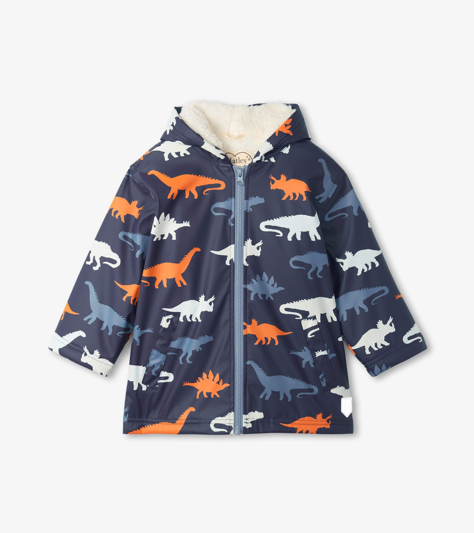 Hatley W23 Dino Silhouettes Sherpa Lined Color Changing Raincoat for Kids - Waterproof Winter Coat with Fun Dinosaur Print, Perfect for Outdoor Play & Rainy Day Adventures