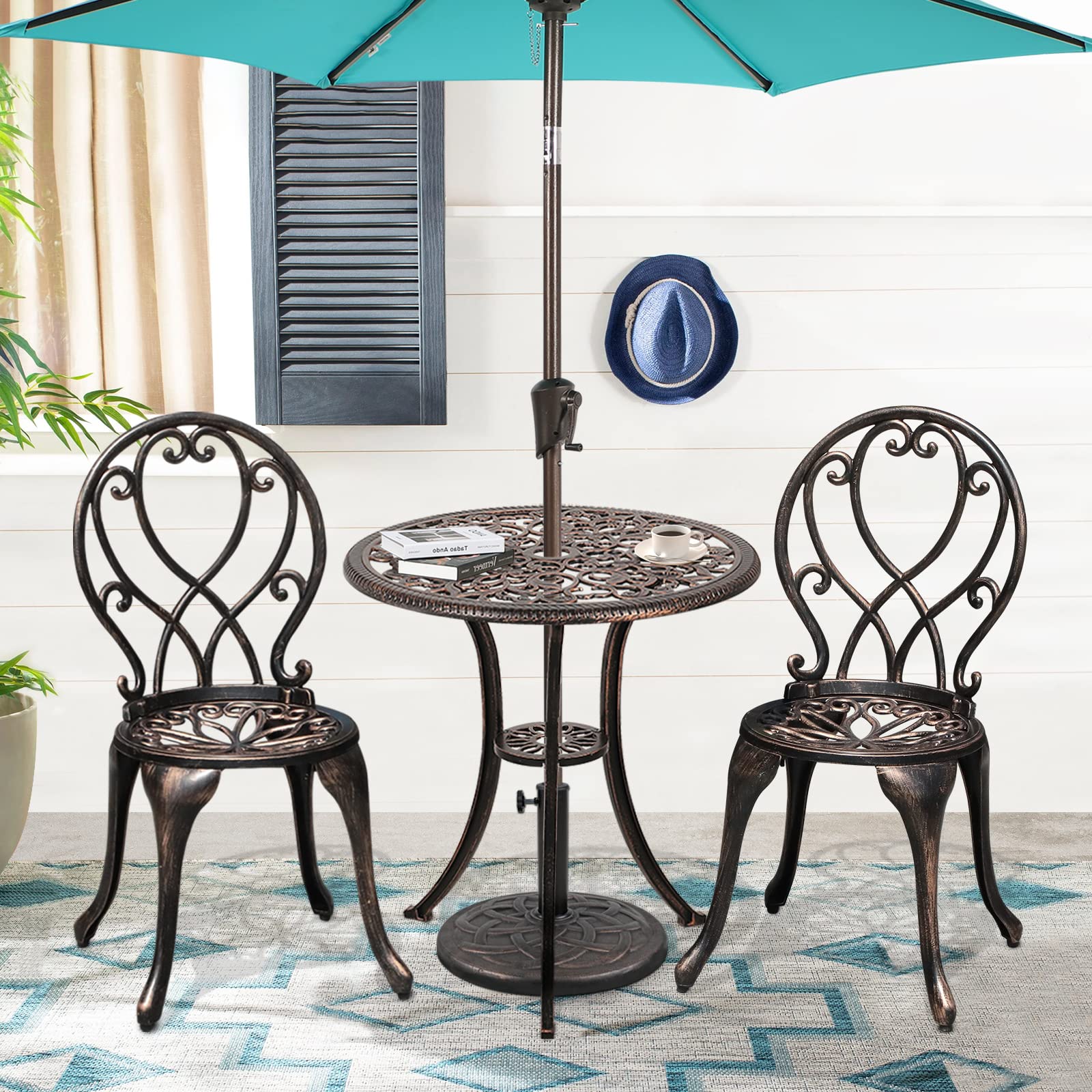 Verano Garden 3-Piece Outdoor Bistro Set - Durable Cast Aluminum Patio Table & Chairs with 2
