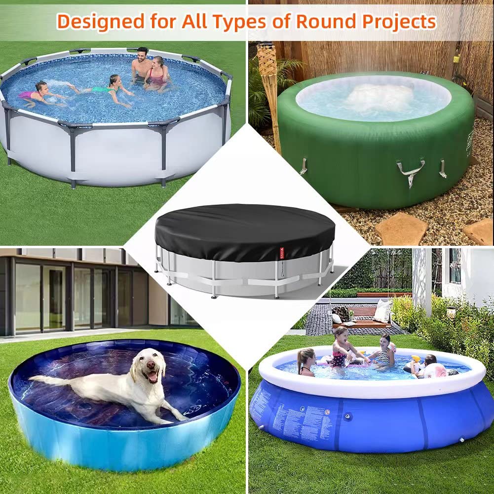 12 Ft Round Solar Pool Cover for Above Ground Pools - Heavy Duty Waterproof Hot Tub Cover with Drawstring & Ground Nails - Dustproof Winter Protection for Swimming Pools & Spas (Black) - Perfect for Year-Round Pool Maintenance & Energy Savings