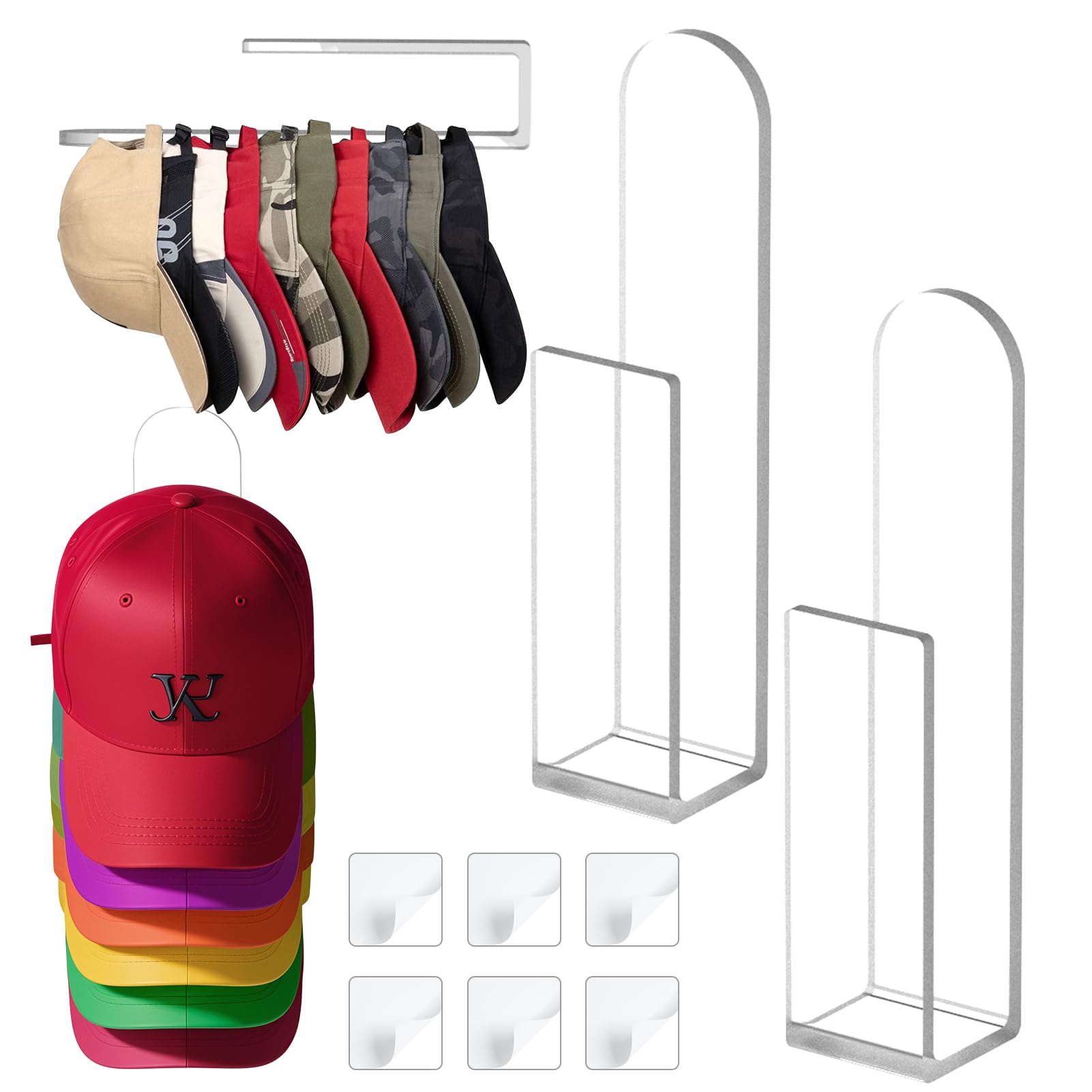 2-Pack Acrylic Baseball Cap Organizer - Wall Mount Hat Rack for Men & Women with Strong Adhesive - Clear Sticky Hooks for Closet, Door & Wall Storage - Perfect for Displaying Caps in Bedroom, Garage or Entryway