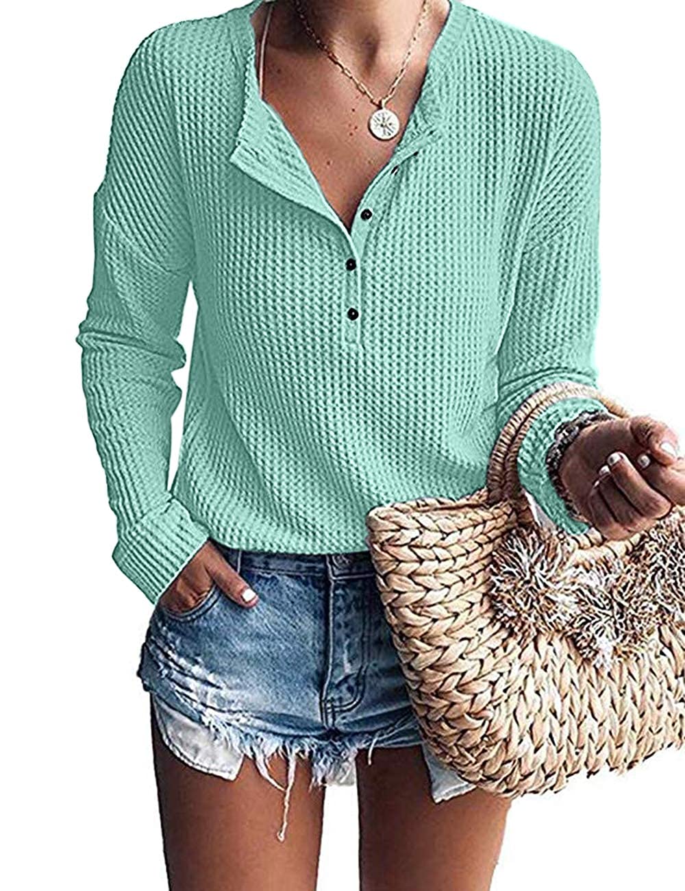 WNEEDU Women's Waffle Knit Tunic Top - Loose Fit Long Sleeve Button Up V-Neck Henley Shirt for Casual Wear, Office & Fall Outfits