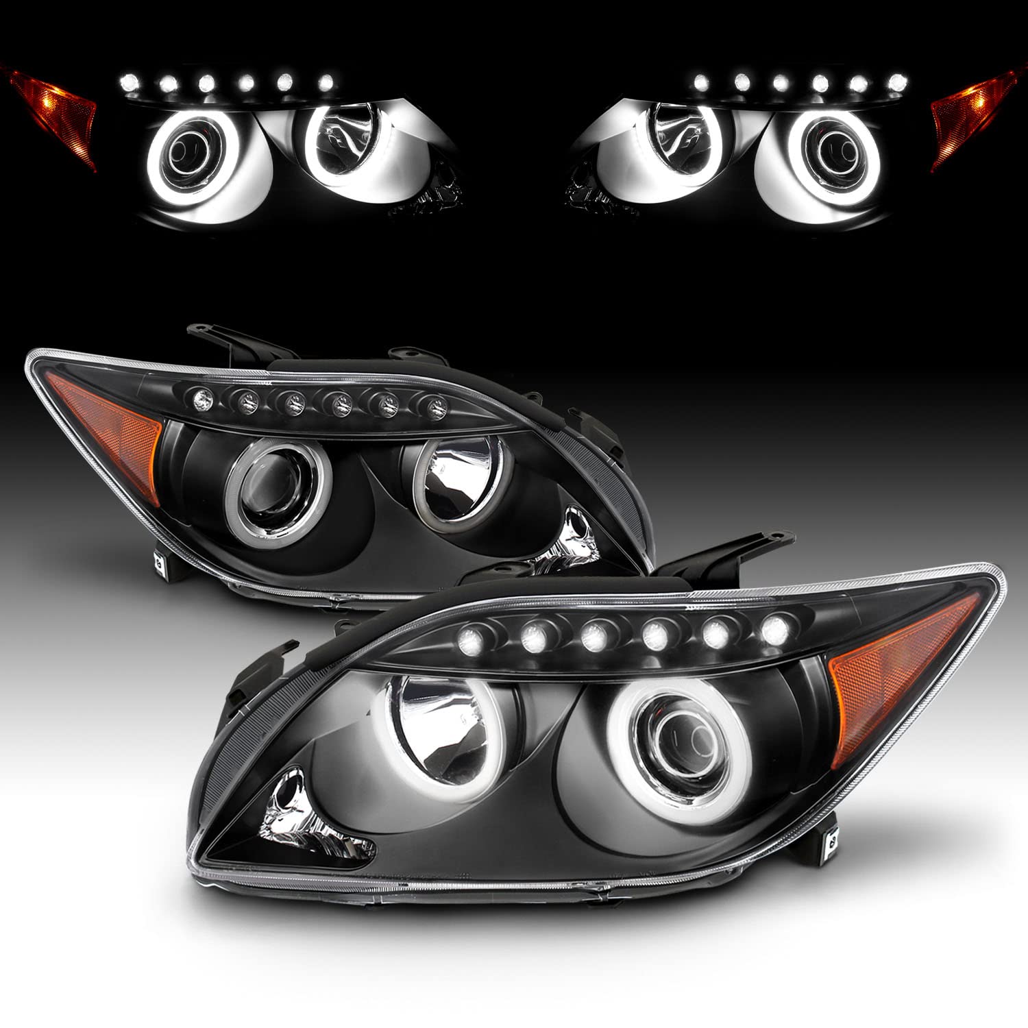 AmeriLite Ultra Bright LED Halo Projector Headlights - Black for Scion Tc (Pair, Left & Right) - Perfect for Night Driving & Car Customization