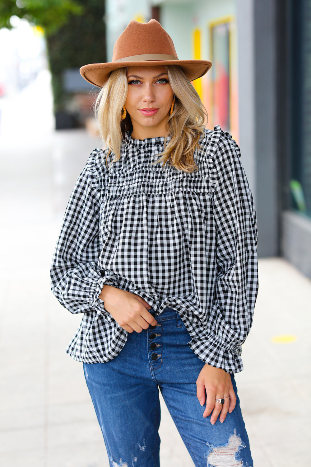 Stylish Black Gingham Shirred Yoke Mock Neck Frilled Top for Women | Vintage-Inspired Blouse for Casual Outfits & Date Nights