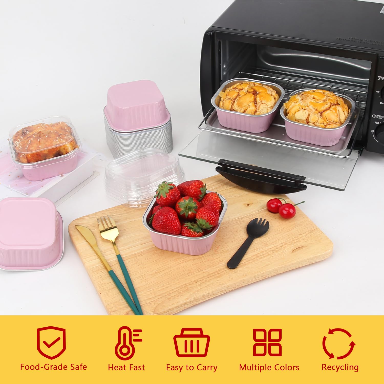 10oz Mini Cake Pans With Lids 40 Pack - LNYZQUS Aluminum Foil Square Brownie Baking Cups, Disposable 4”x4” Large Cupcake Pan, Jumbo Muffin Tin Ramekins Holders in Pink - Perfect for Baking, Parties & Meal Prep