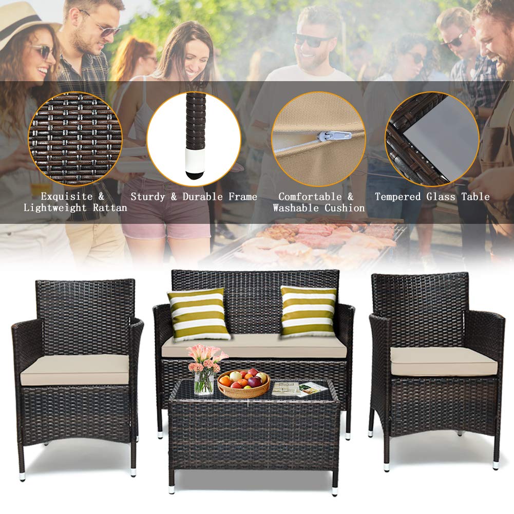 4-Piece Outdoor Patio Furniture Set - All-Weather Wicker Sectional Sofa with Rattan Chairs & Glass Coffee Table - Perfect for Backyard, Porch, Poolside, Balcony & Garden Relaxation