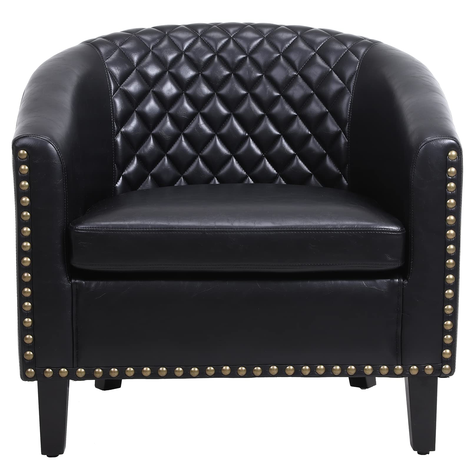 Henf Faux Leather Barrel Accent Chair - Mid Century Modern Armchair with Decorative Nailheads & Solid Wood Legs - Upholstered Living Room Club Chair for Reading, Lounging & Home Office - Perfect for Small Spaces & Apartment Decor