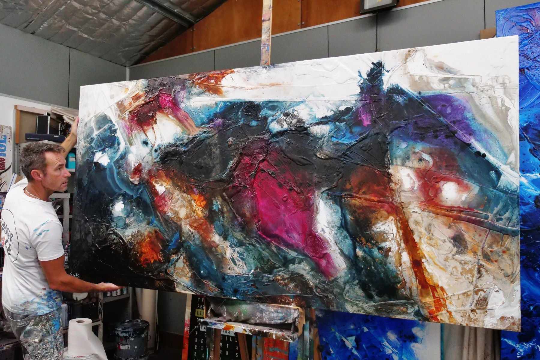 Beautiful Disaster 240x120cm Abstract Textured Painting in Black Navy Violet - Modern Wall Art for Living Room, Bedroom & Office Decor
