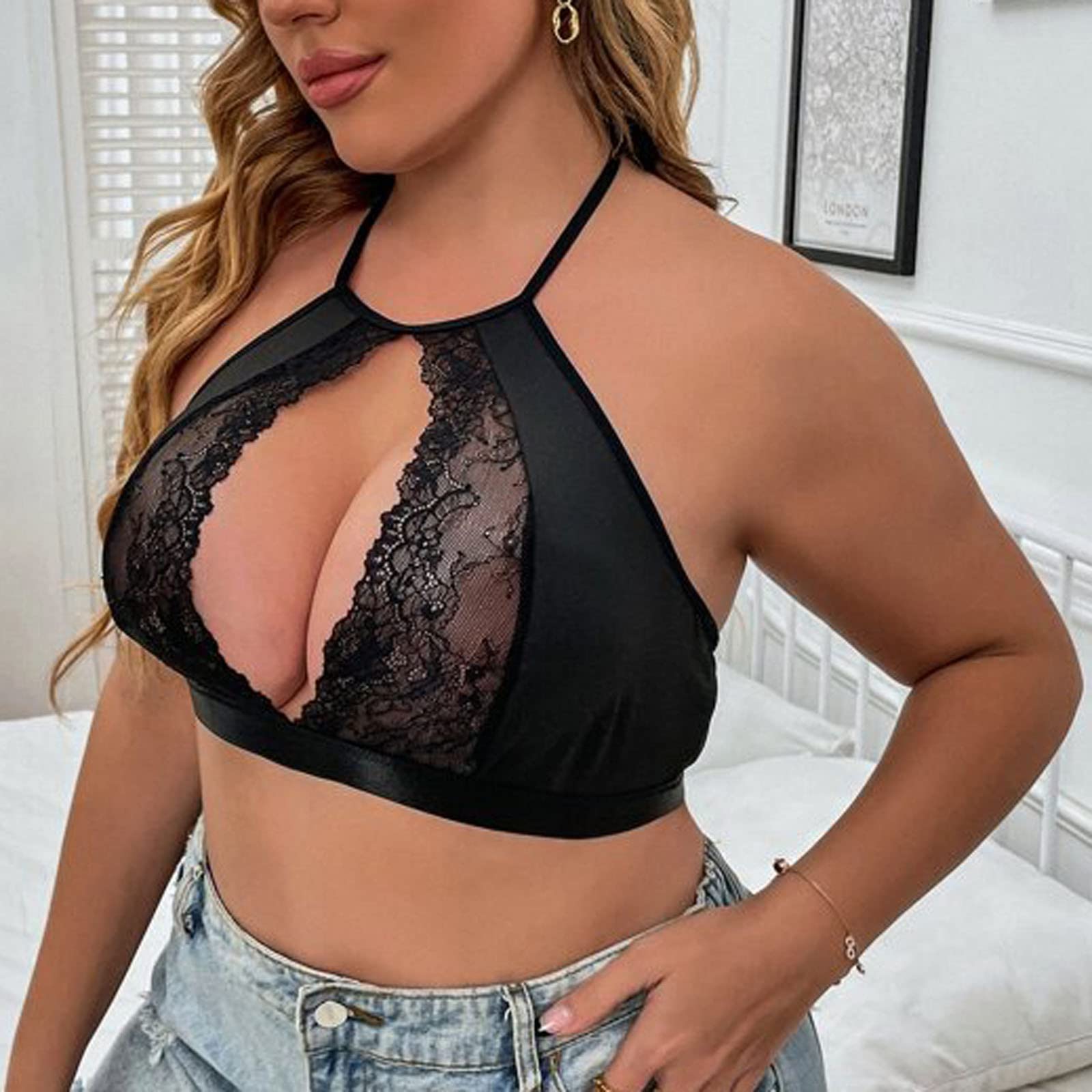 Plus Size Women's Sexy Cut Out Bralette - Floral Lace Unlined Halter Brassiere for Valentine's Nightwear & Boudoir Lingerie | Comfortable for Sleepwear, Date Night & Special Occasions