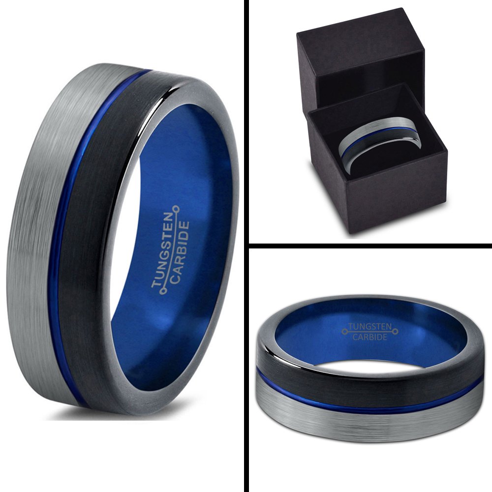 Premium Tungsten Carbide Wedding Band Ring for Men & Women - 6mm Blue & Black Center Line, Half Brushed Half Polished Finish - Custom Engraved Anniversary & Engagement Ring for Couples (Perfect Gift for Weddings, Anniversaries & Romantic Occasions)