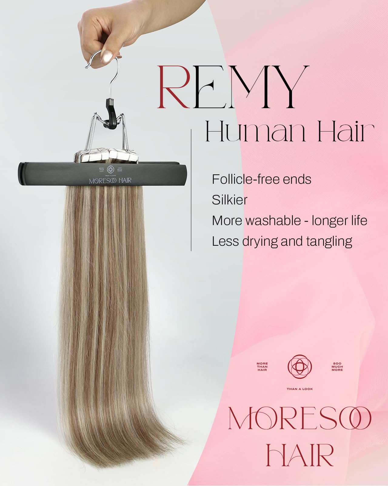 Premium Moresoo Tape-in Hair Extensions 12 Inch 40Pcs (60g) - 100% Human Hair in #9A Light Brown with Platinum Blonde Highlights | Short Hair Extensions for Volume & Length | Perfect for Parties, Weddings & Daily Styling