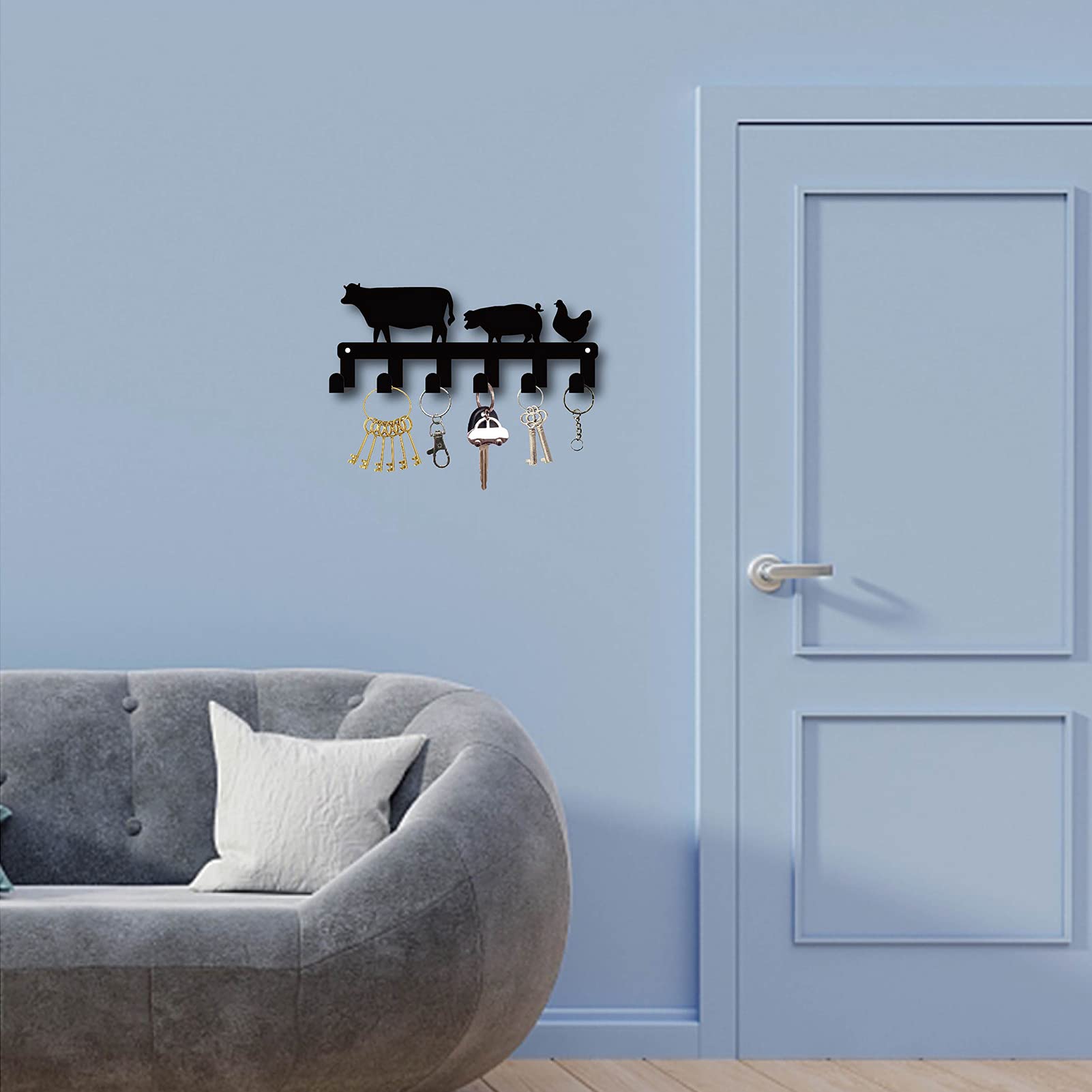 CREATCABIN Metal Key Holder with 6 Hooks - Wall Mounted Key Organizer for Entryway, Kitchen & Bathroom - Decorative Iron Hanger for Keys, Hats & Towels (10.6 x 4.3 Inch, Black, Farmhouse Animal Design)