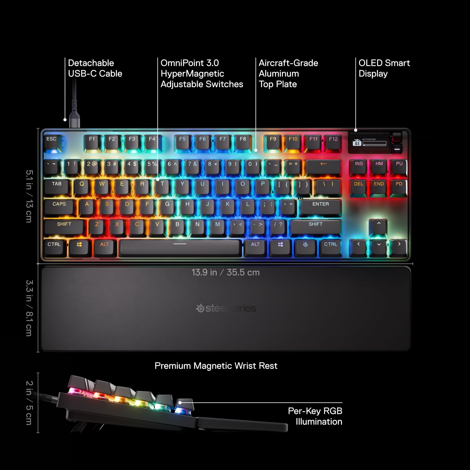 SteelSeries Apex Pro TKL Gen 3 Mechanical Gaming Keyboard with OmniPoint 3.0 HyperMagnetic Switches - Adjustable Actuation & Rapid Trigger - RGB Backlit, OLED Display & PBT Keycaps - USB-C Connectivity - Perfect for FPS, MOBA & Esports Gaming