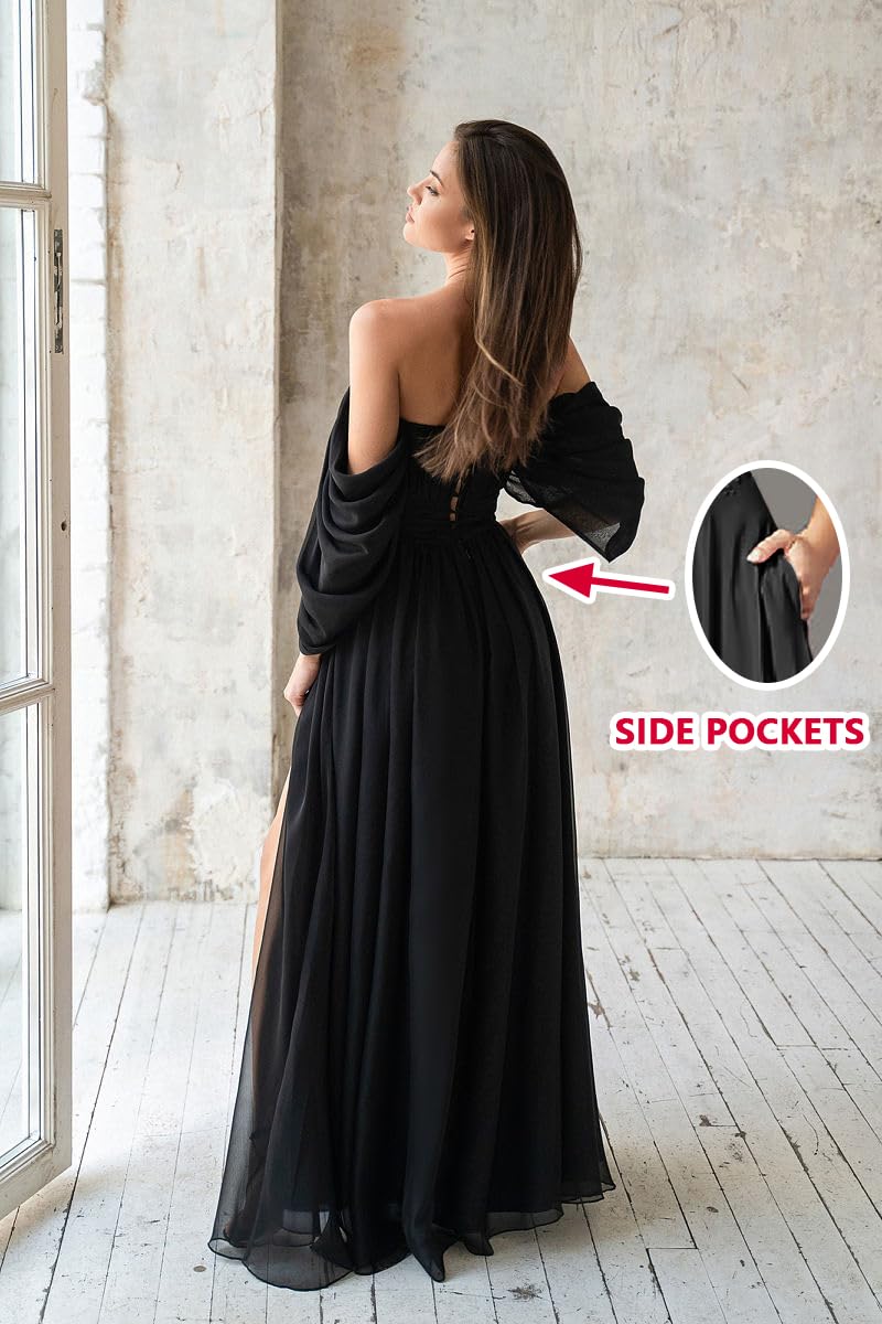 Elegant Off Shoulder Black Maxi Dress for Women - Ruched Plus Size Wedding Guest & Bridesmaid Dress (US 16W) | Perfect for Fall Weddings, Formal Events & Special Occasions