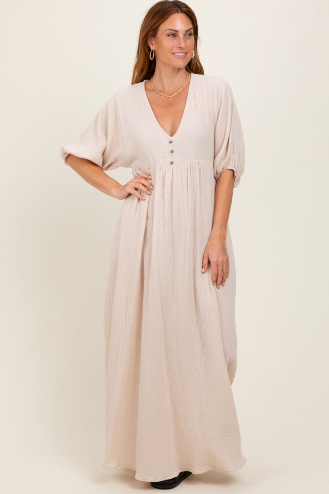 Elegant Beige Woven Elbow-Sleeve V-Neck Button Down Maxi Dress for Women - Perfect for Summer Weddings, Beach Vacations & Casual Outings