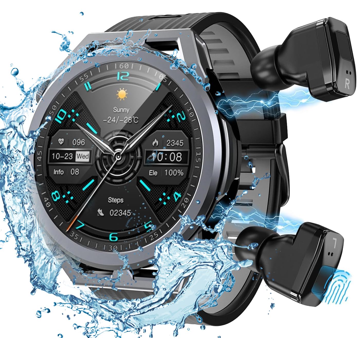 Waterproof Smart Watch with Wireless Earbuds - 5-in-1 Combo with Bluetooth Calling, MP3 Player, Sleep Tracker & Speaker for Android iOS - Perfect for Fitness, Workouts & Daily Use (Black)