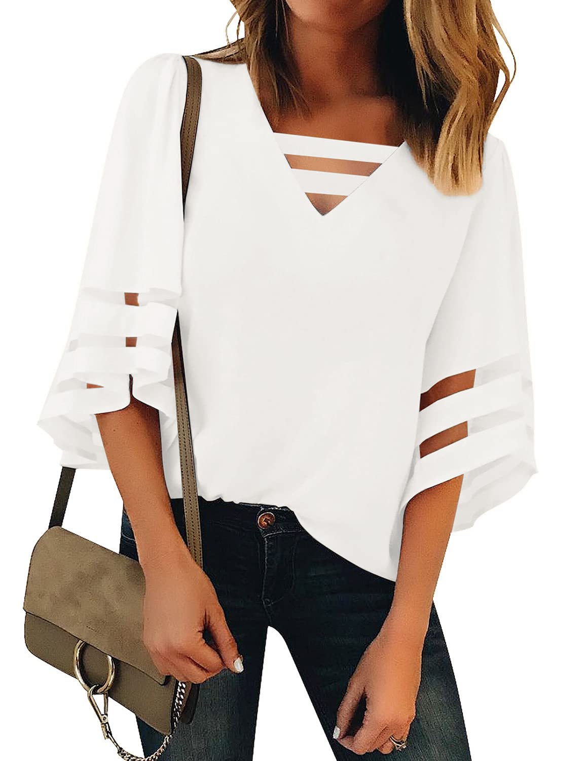 LookbookStore Women's Trendy 2024 V-Neck Mesh Panel Blouse with 3/4 Bell Sleeves - Elegant Casual Tops for Work, Date Night & Spring Outfits