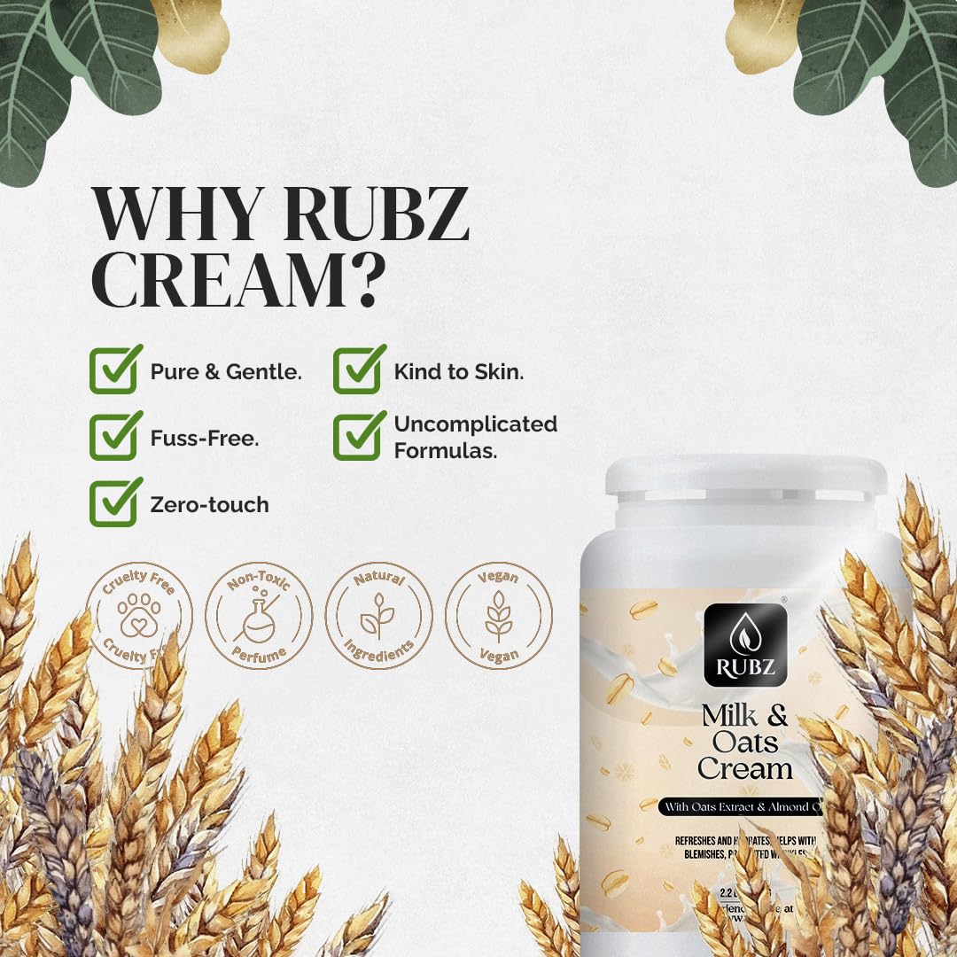 Rubz Milk & Oats Cream with Vitamin E & Argan Oil - Deep Moisturizing Body Lotion for Men, 1kg | Instant Glow & Skin Nourishment | Best for Dry Skin Care & Daily Hydration | Perfect for Post-Shave & Nighttime Skincare Routine
