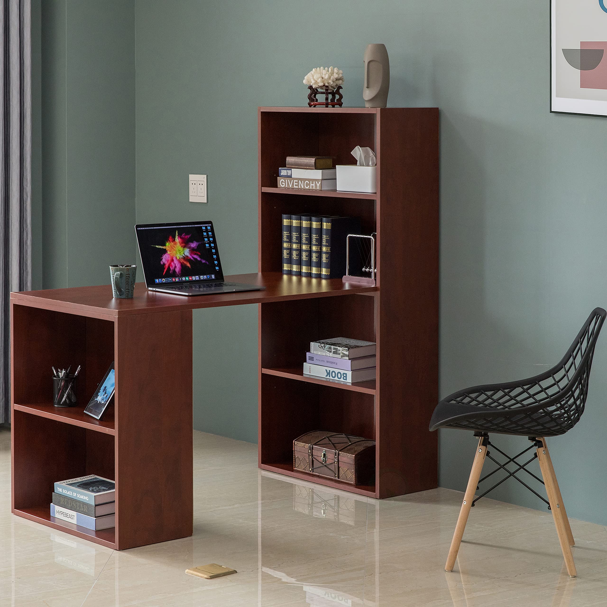 Basicwise Computer Writing Workstation Table with Combo Bookshelf Bookcase - Large Cherry Medium Home Office Desk for Study, Work & Gaming | Space-Saving Computer Desk with Storage Shelf
