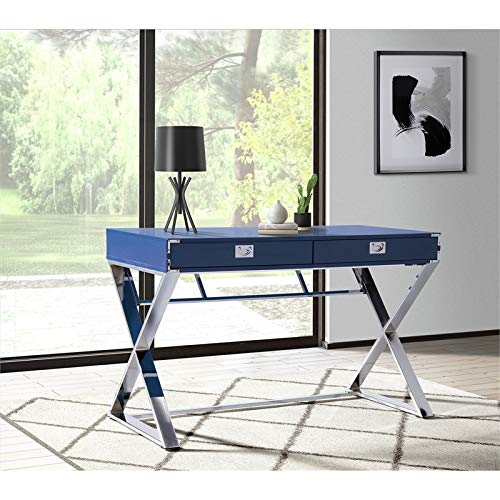 BOWERY HILL Contemporary 2-Drawer Desk in Glossy Blue Metal - Modern Office Furniture for Small Spaces, Home Office & Study Room