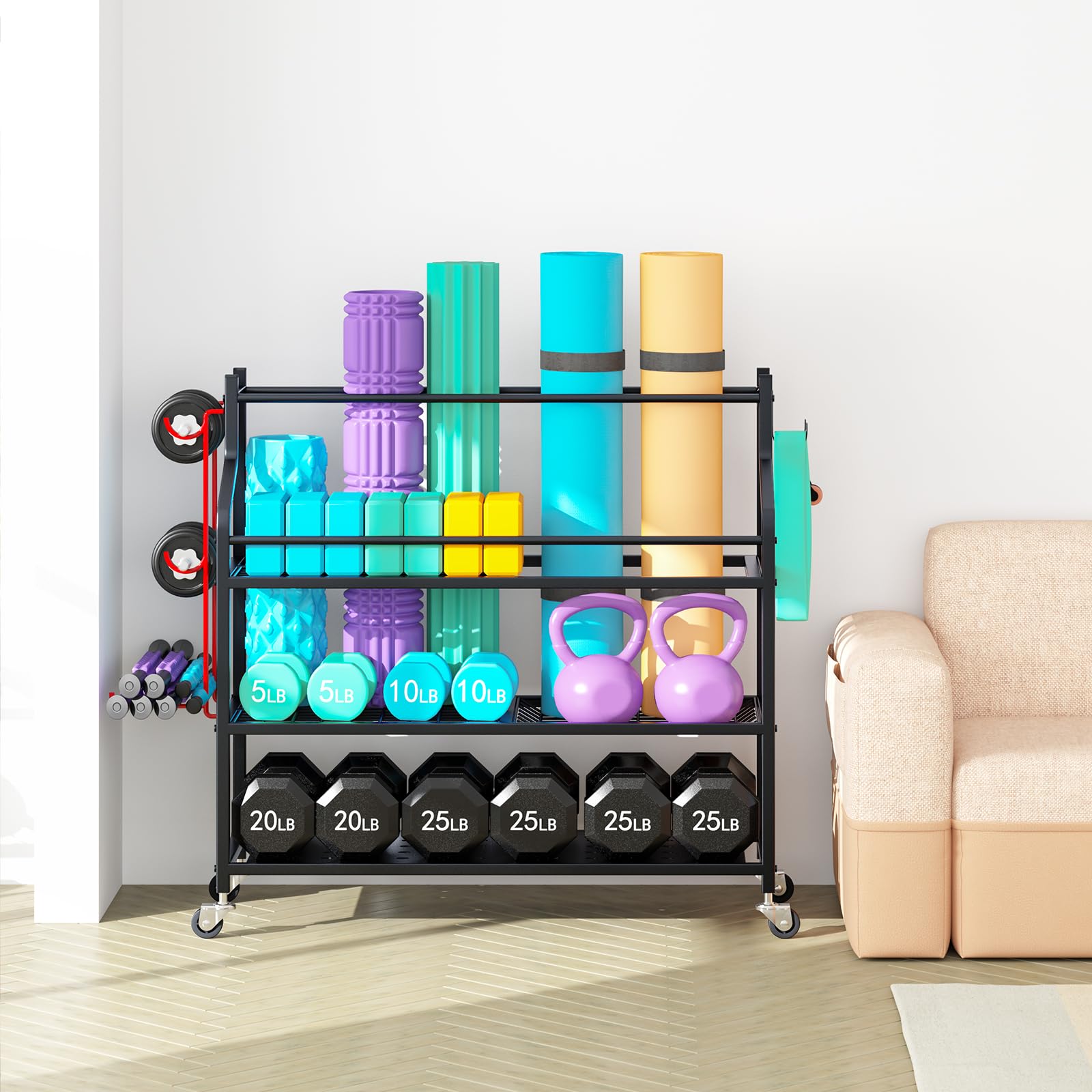 VILAWLENCE Yoga Mat Storage Rack Cart - Multifunctional Home Gym Organizer for Dumbbells, Kettlebells & Exercise Ropes - Large Capacity Removable Equipment Storage Solution for Home Workouts & Yoga Studios