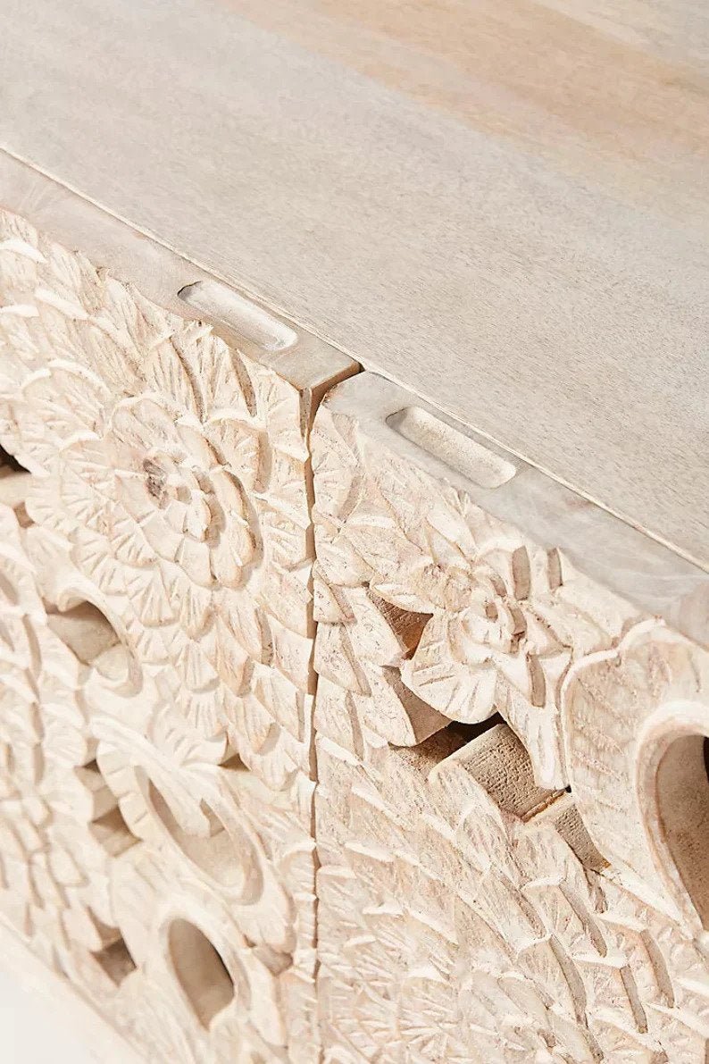 Handmade Hardwood Lotus Flower Media Console Table - Warm White Finish for Living Room, Bedroom & Home Decor