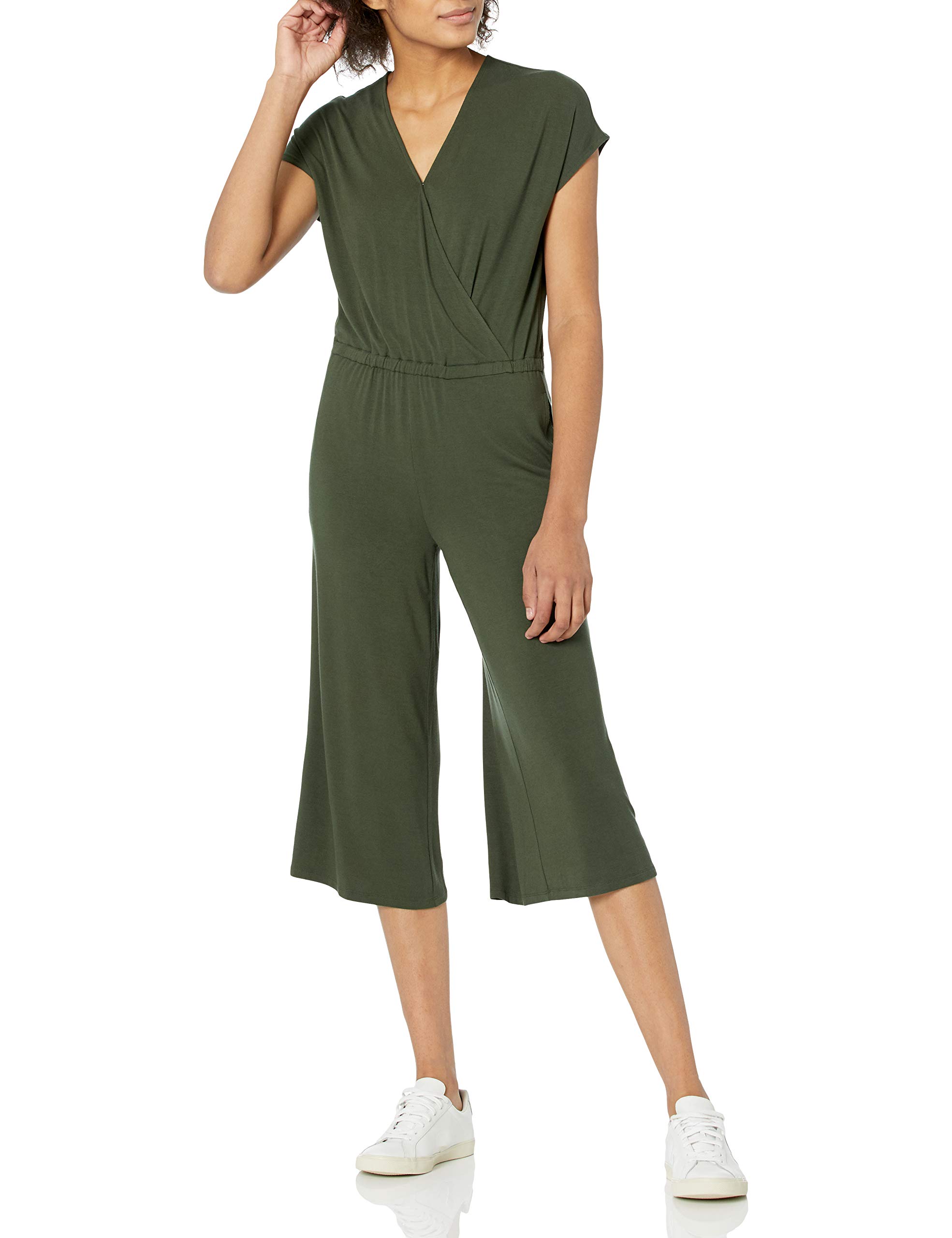 Amazon Essentials Women's Short-Sleeve Surplice Cropped Wide-Leg Jumpsuit - Comfortable Casual Romper for Summer, Beach & Vacation Outfits