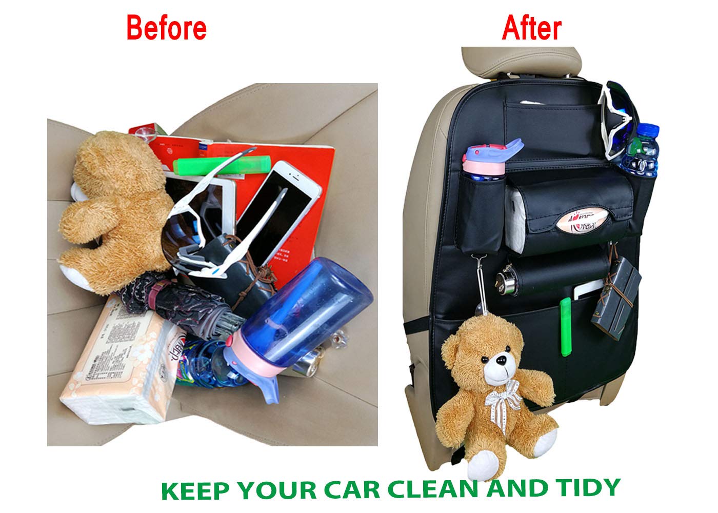Premium PU Leather Car Backseat Organizer with 7 Storage Pockets - Waterproof Seat Back Protector for Kids Toys, Bottles & Travel Essentials - Ideal for Family Road Trips & Daily Commutes (1 Pack)