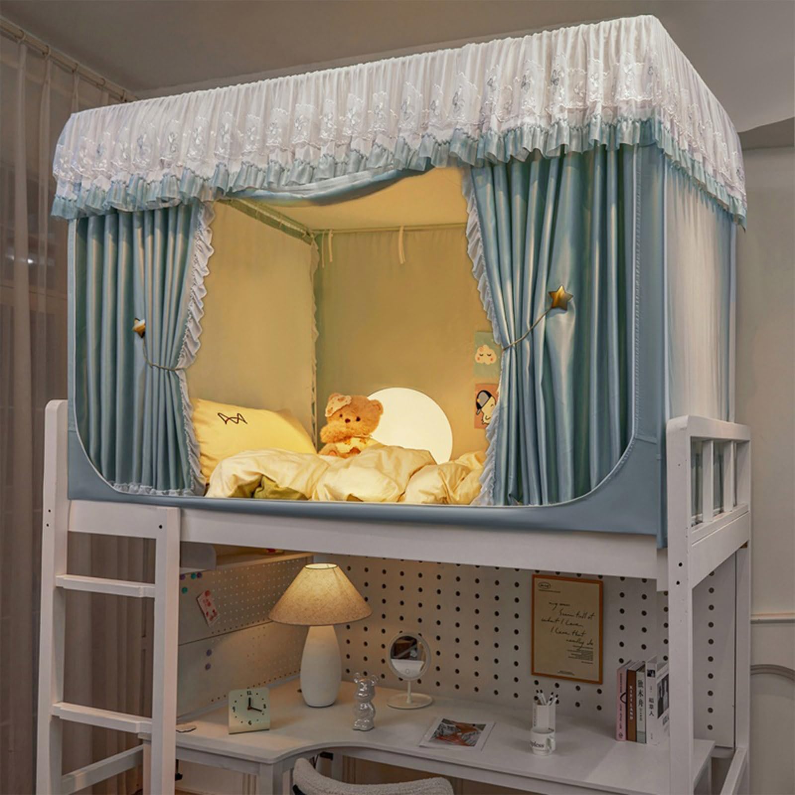 Top Bunk Bed Tent for Twin Size - Princess Style Lace Dream Canopy with Breathable Fabric, Blackout Curtains & Inner Storage Pockets - Perfect for Kids' Loft Beds, College Dorms & Sleep Privacy (Black) | Great for Sleepovers, Reading Nooks & Personal Space Retreats