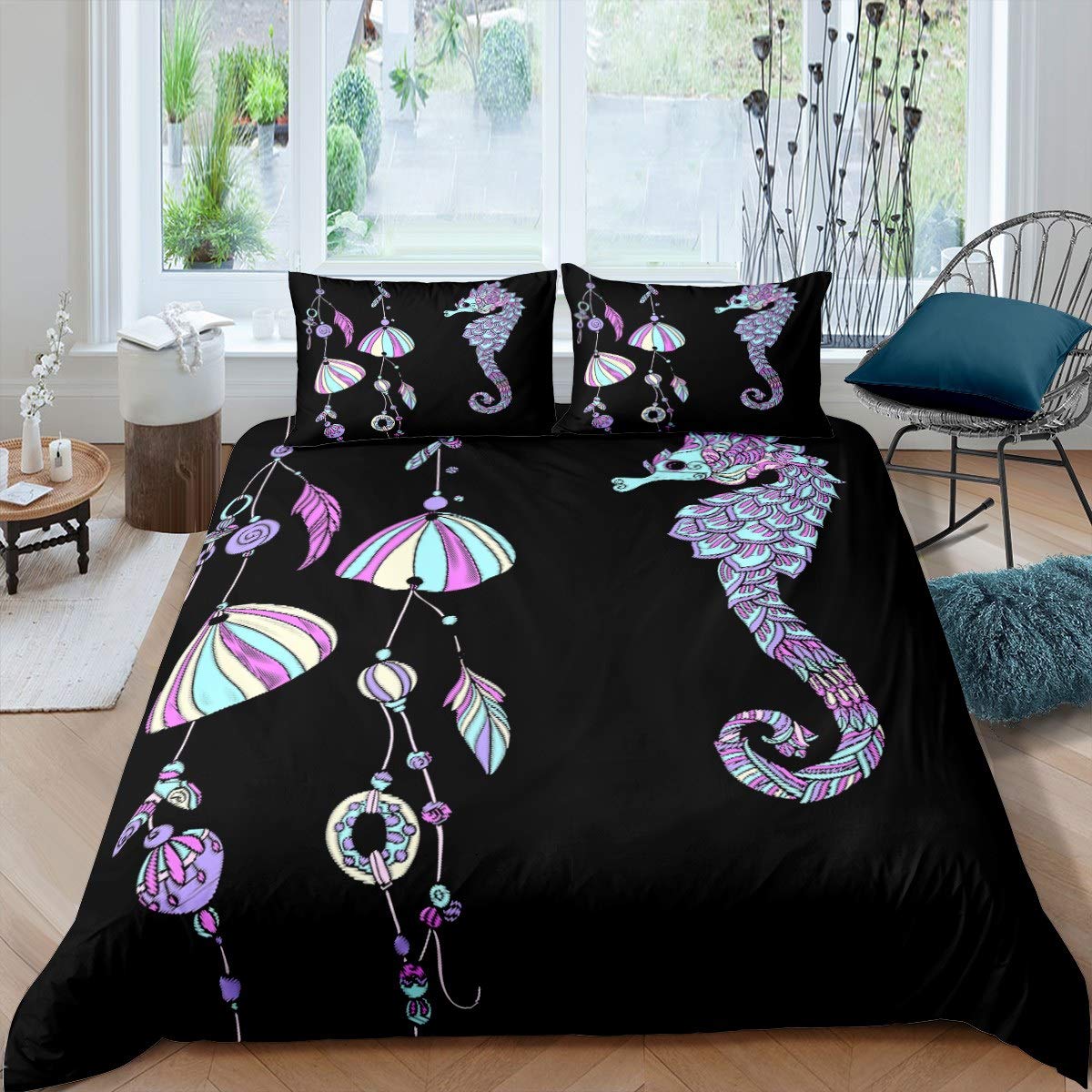Vibrant Seahorse Dreamcatcher Duvet Cover Set - Twin Size Shell Print Bedding for Boys & Girls (Black Background, 2-Piece Set: 1 Duvet Cover + 1 Pillowcase) | Perfect for Kids' Rooms, Beach-Themed Decor & Boho Nursery Design