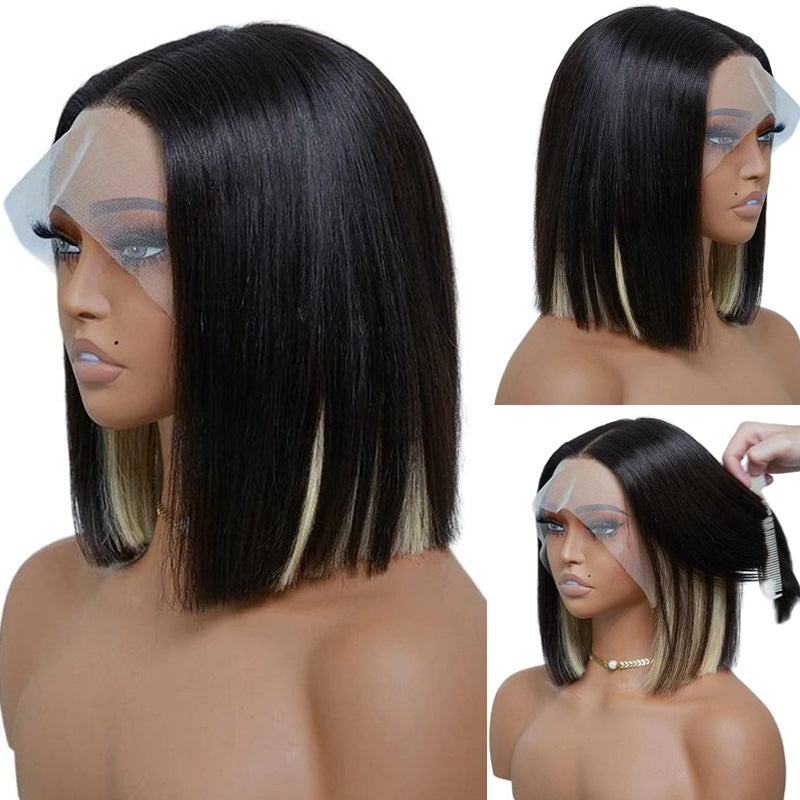 Eullair Peakaboo Highlights Colored Short Bob Wig - Inner Red/Pink/Blue/Green/Blonde Straight Human Hair Lace Frontal Wig for Cosplay, Halloween, Costume Parties & Daily Fashion