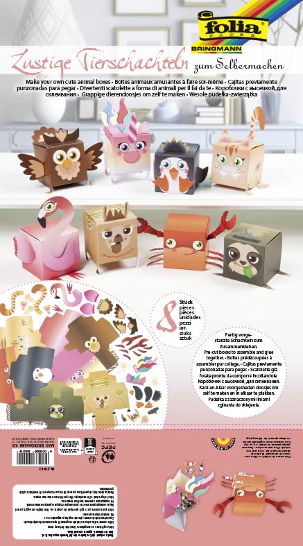 Folia 21902 Fun DIY Animal Boxes Set II - 8 Pre-Cut Multi-Colored Craft Boxes for Kids | Creative Play, Party Favors & Classroom Activities