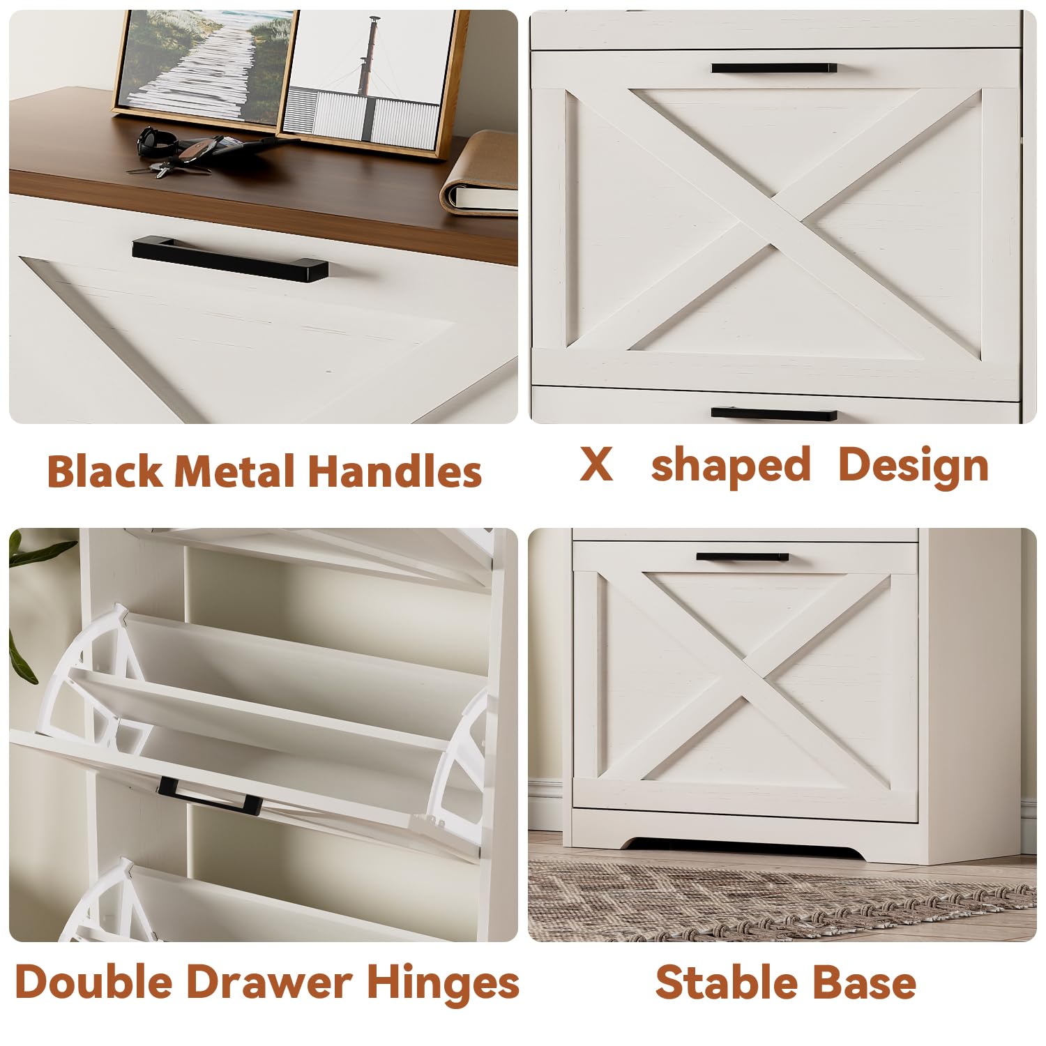 Farmhouse Shoe Cabinet with 3 Flip Drawers - 3 Tier Freestanding Shoe Organizer for Entryway, Hallway & Living Room - Slim Narrow Storage Cabinet (White) - Perfect for Small Spaces & Home Organization