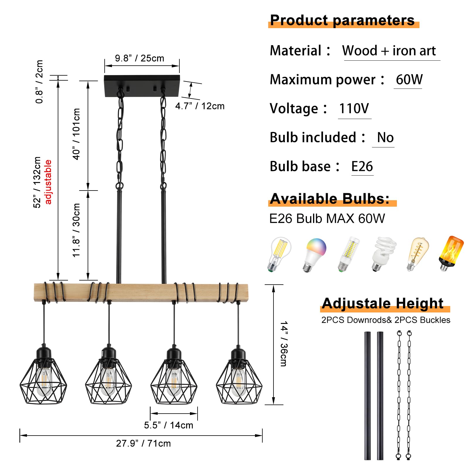 Modern Farmhouse 4-Light Kitchen Island Pendant Light - Black Rustic Wood Linear Chandelier for Dining Room & Table Lighting - Perfect for Farmhouse, Industrial & Rustic Home Decor