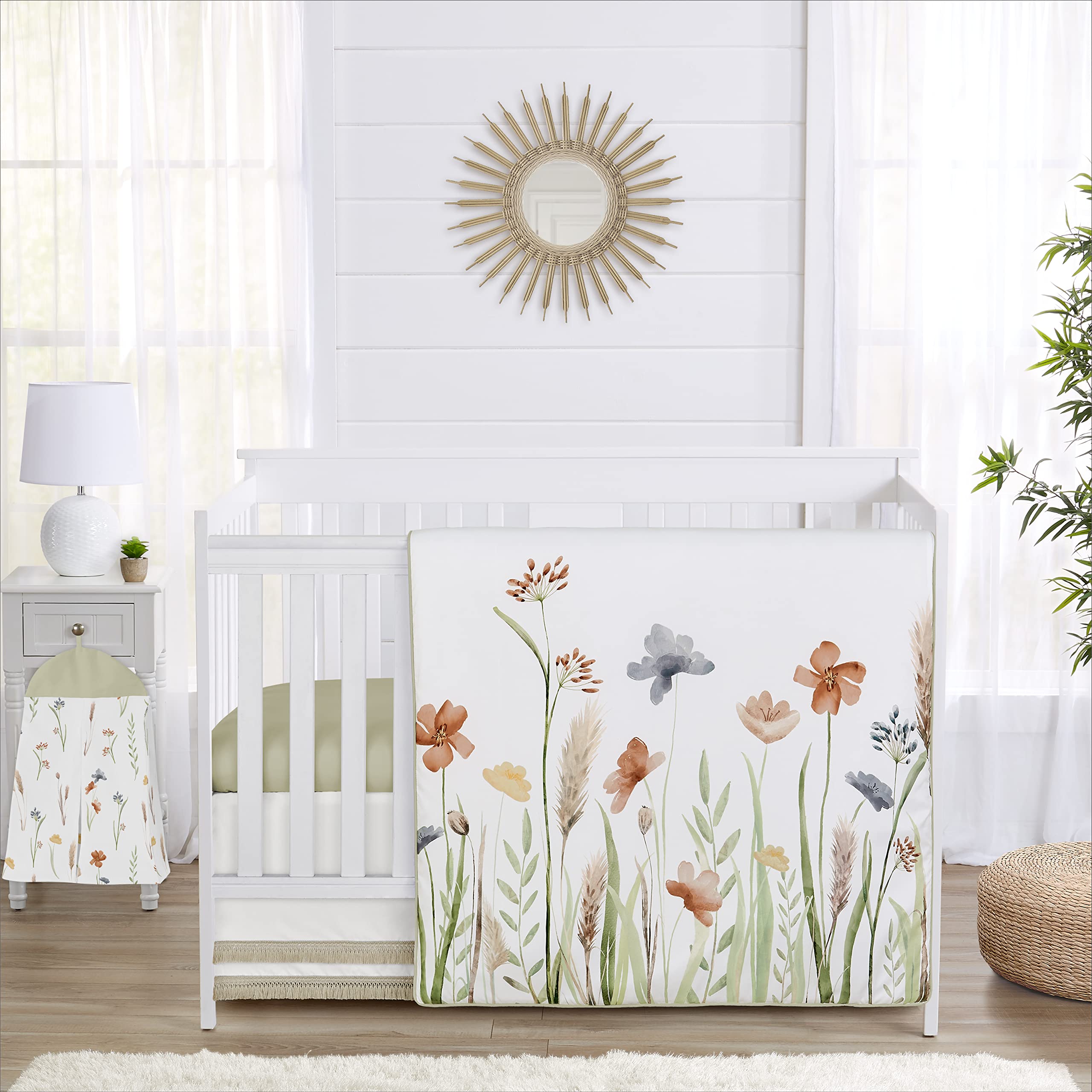 Sweet Jojo Designs 4-Piece Baby Crib Bedding Set - Green Boho Floral Nursery Decor for Girls | Includes Blanket, Fitted Sheet, Skirt & Diaper Stacker | Perfect for Bohemian, Farmhouse & Wildflower Themed Nurseries | Soft & Safe for Newborns & Infants