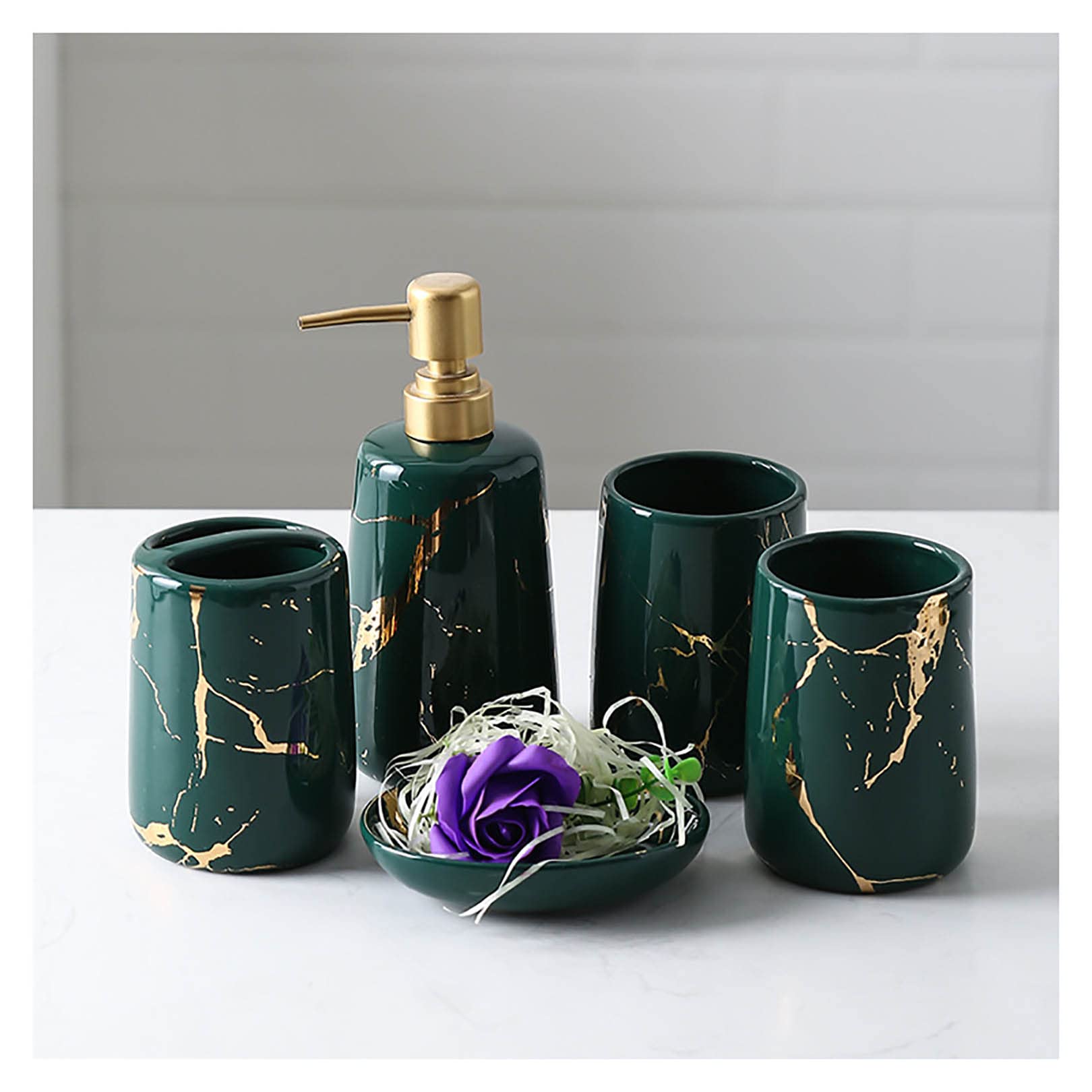ZHINTE 5-Piece Ceramic Bathroom Accessory Set - Soap Dispenser, Toothbrush Holder & Tumbler - Modern Countertop Decor for Restroom, Apartment, Housewarming Gift for Women & Men | Perfect for Guest Bathrooms, Master Suites & Small Space Organization