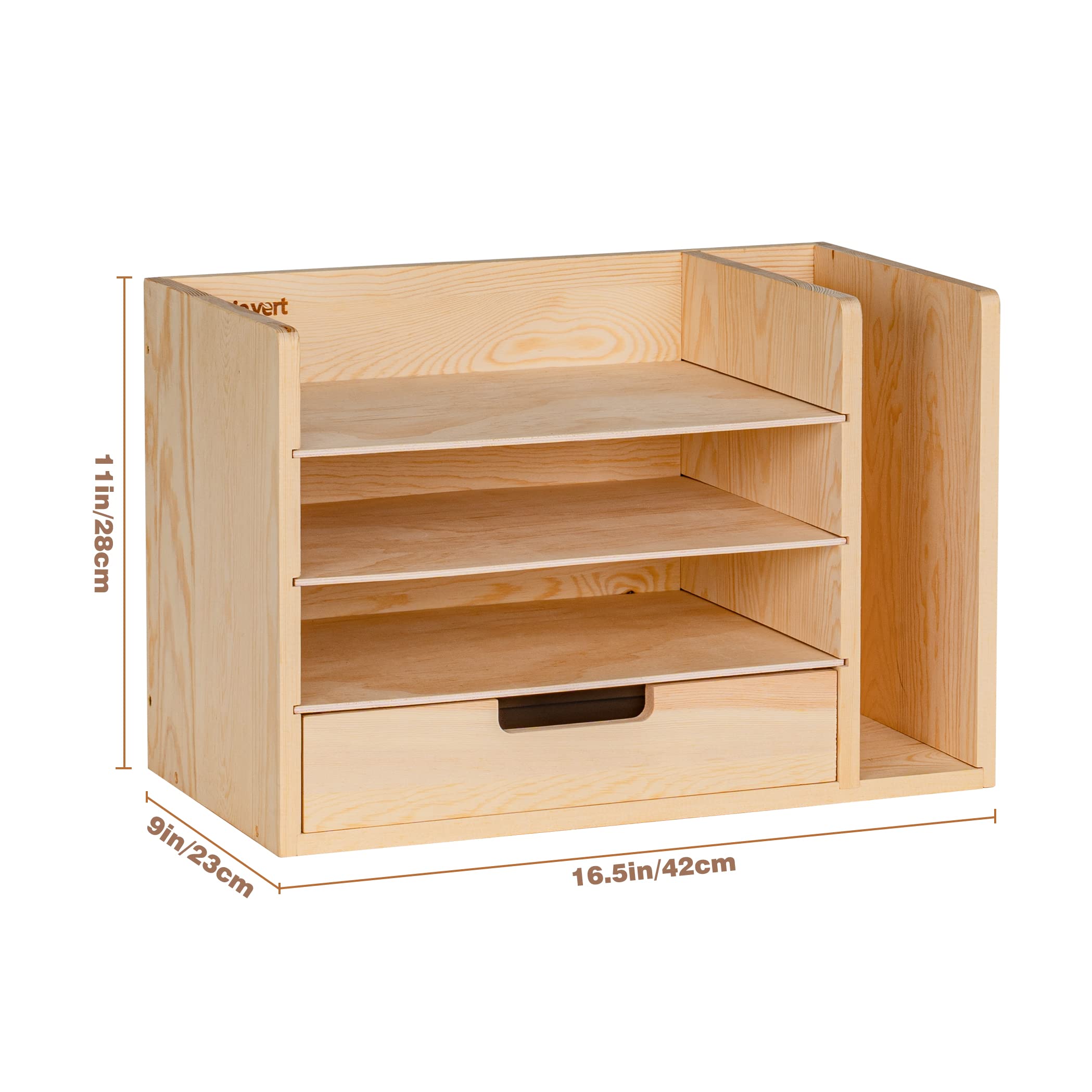 LAVIEVERT Wooden Desktop File Organizer with Drawer & 3 Adjustable Shelves - Mail Sorter, Paper Storage Cabinet for Home Office - Burly Wood - Perfect for Desk Organization, Document Management & Office Supplies Storage