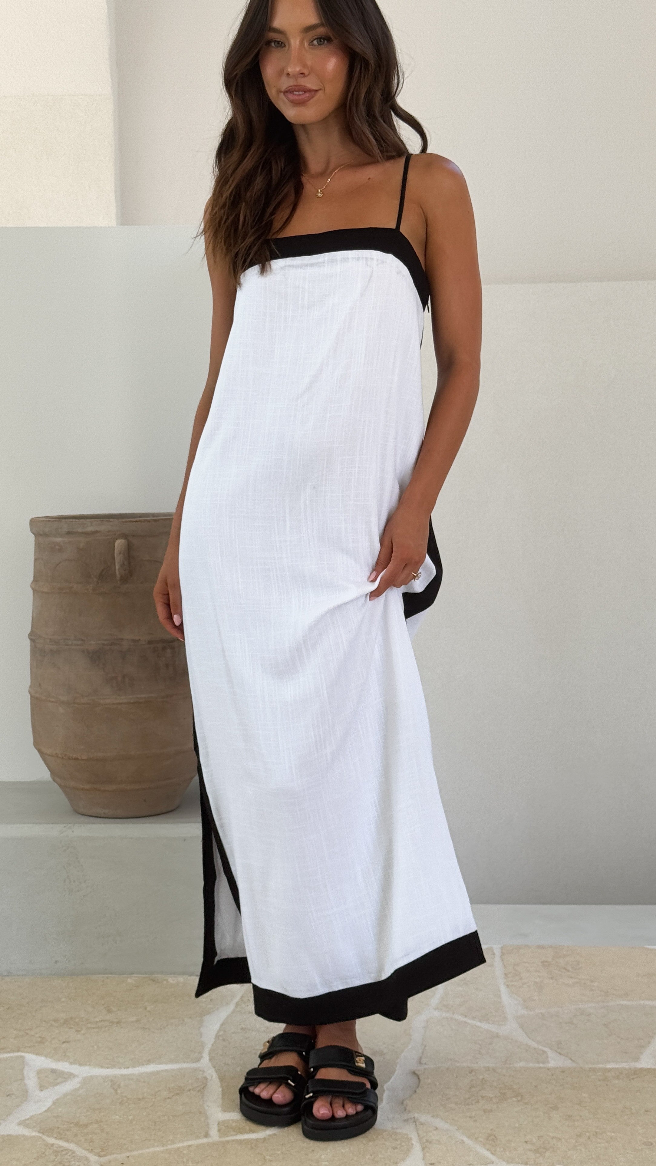 Isabeau Maxi Dress for Women - Elegant White & Black Long Flowy Dress for Summer, Beach, Weddings & Special Occasions