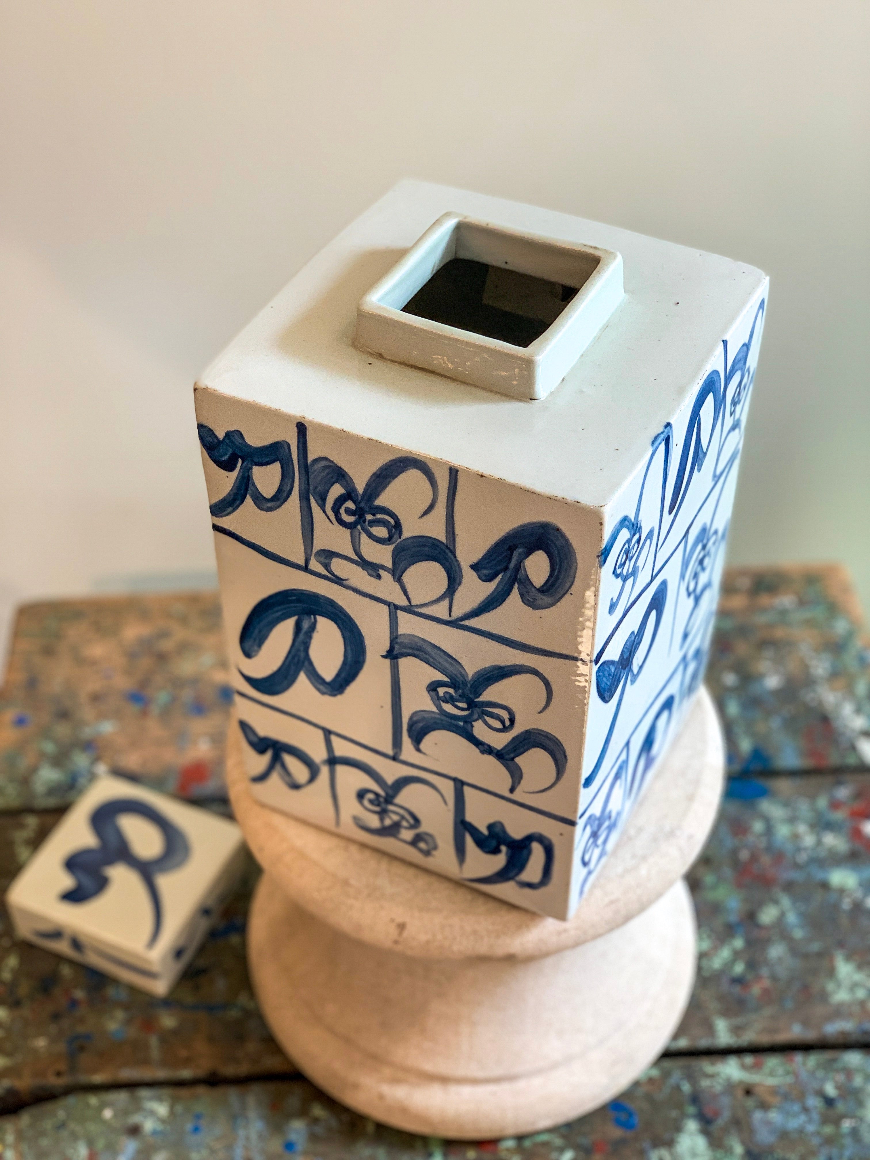 Modern Square Blue & White Ceramic Lidded Jar - Handmade Decorative Storage Container for Kitchen, Bathroom & Office | Perfect for Organizing Spices, Cotton Balls or Desk Supplies