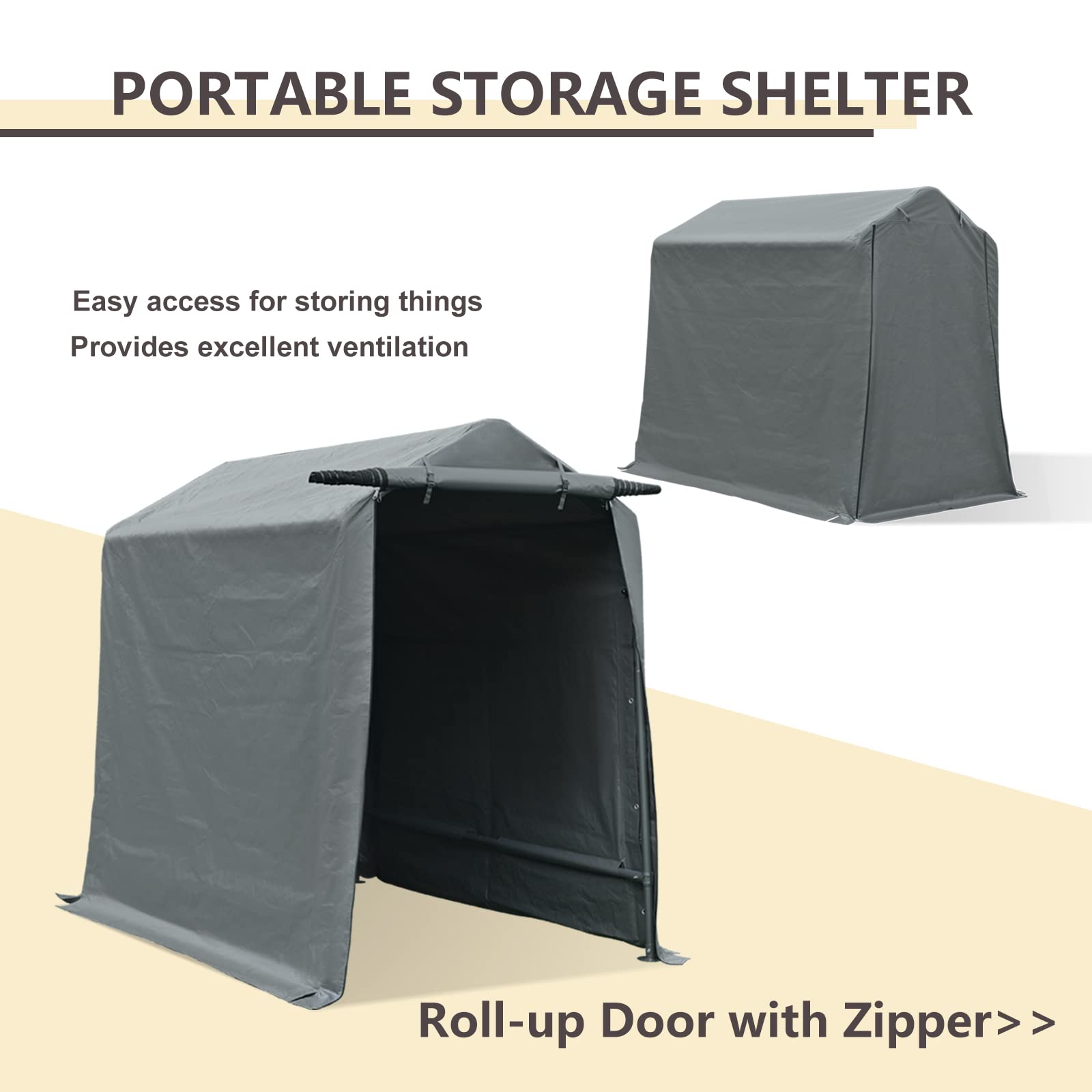 **Gardesol 6x8 ft Portable Storage Shelter - Waterproof & UV Resistant Outdoor Shed with Roll-Up Zipper Door for Bikes, ATVs, Motorcycles (Gray) - Perfect for Backyard, Garage, and Patio Storage**
