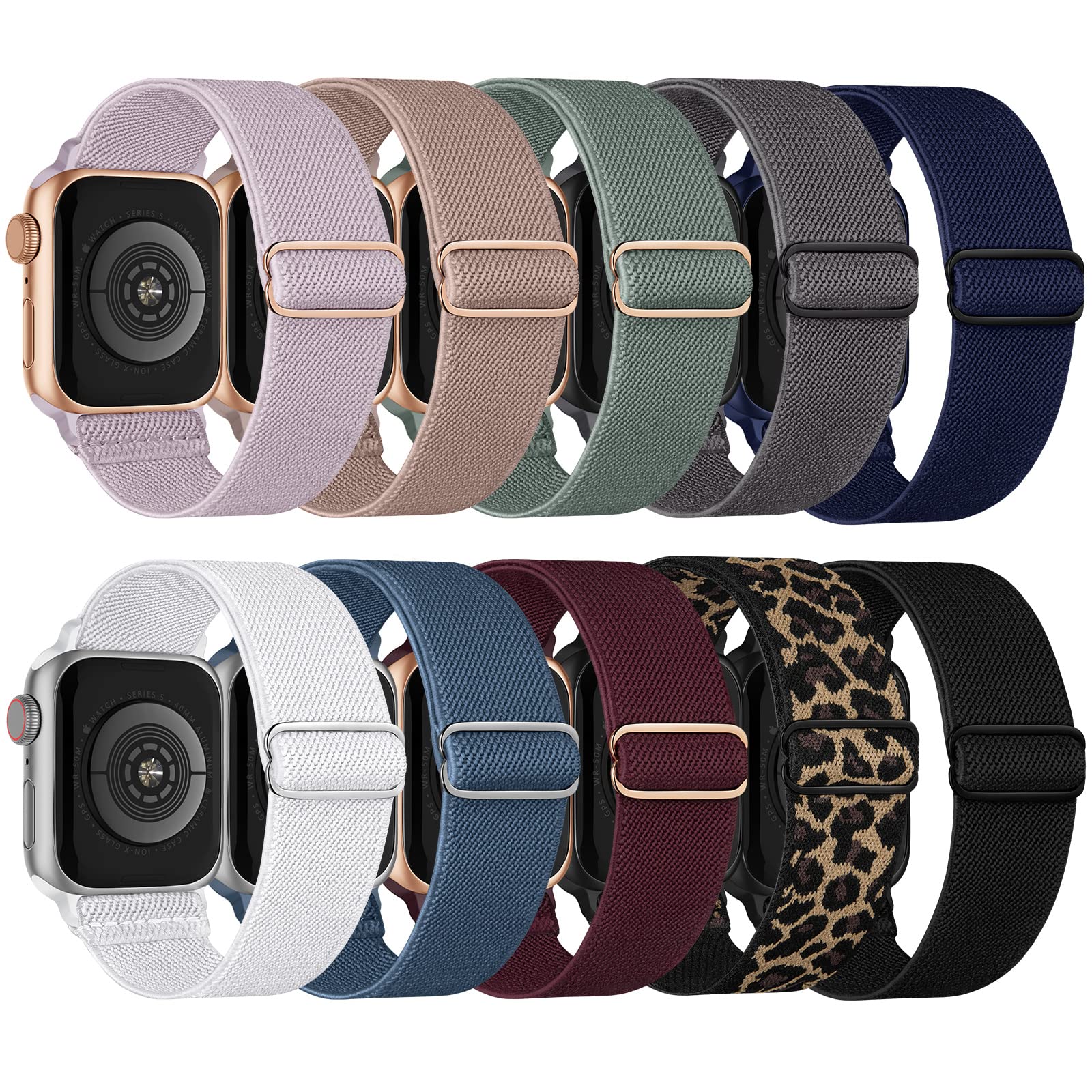 Stretchy Nylon Solo Loop Bands for Apple Watch 38mm 40mm 41mm 42mm 44mm 45mm - Adjustable Braided Sport Elastic Wristband Compatible with iWatch Series Ultra/8/7/6/5/4/3/2/1/SE (10 Pack) - Perfect for Workouts, Running, Swimming & Everyday Wear