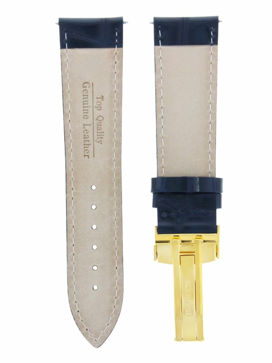 18mm Genuine Leather Watch Band Strap with Deployment Clasp - Dark Blue & Gold - Compatible with Omega Watches | Replacement Strap for Dress Watches, Business & Formal Occasions