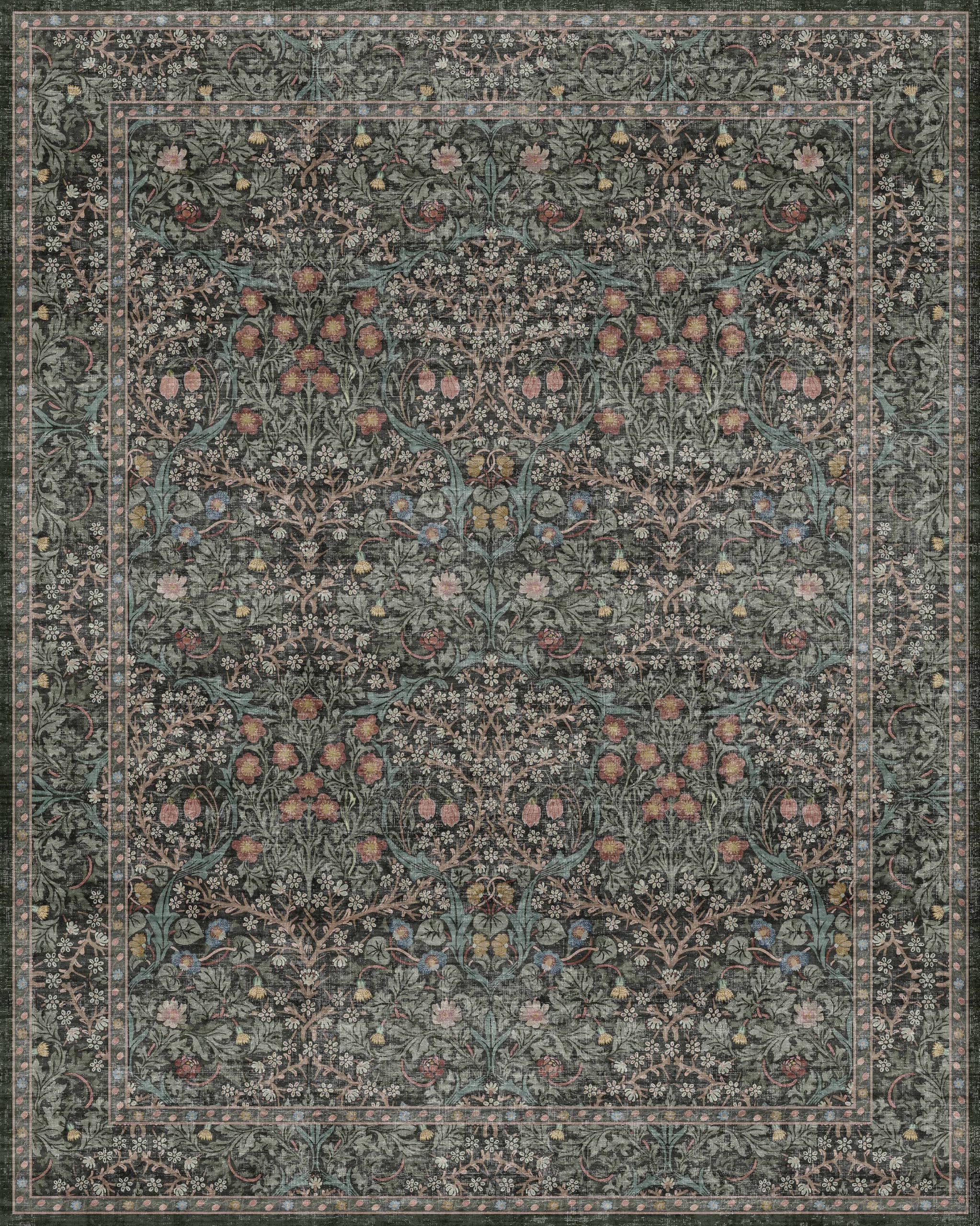 Vintage Dark Green 8x10 Washable Area Rug - Non-Slip Low Pile Oriental Rug for Living Room, Bedroom, Dining Room & Kitchen | Stain Resistant & Easy to Clean | Perfect Under Table, Sofa or Bed (Dark Green)