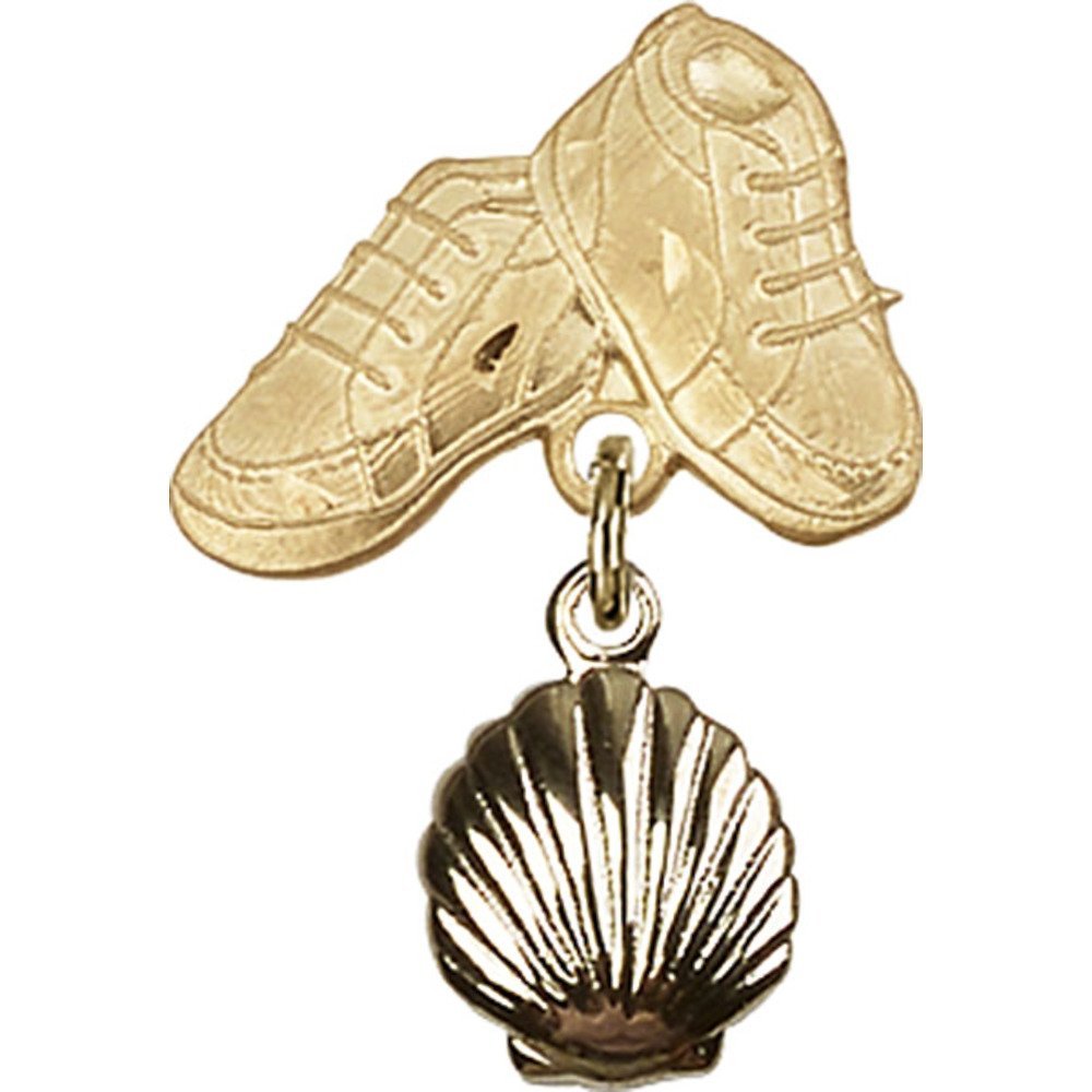 Gold Filled Baby Badge with Shell Charm & Baby Boots Pin - 1 X 5/8 Inch - Perfect for Baby Showers, Christenings & Newborn Gifts